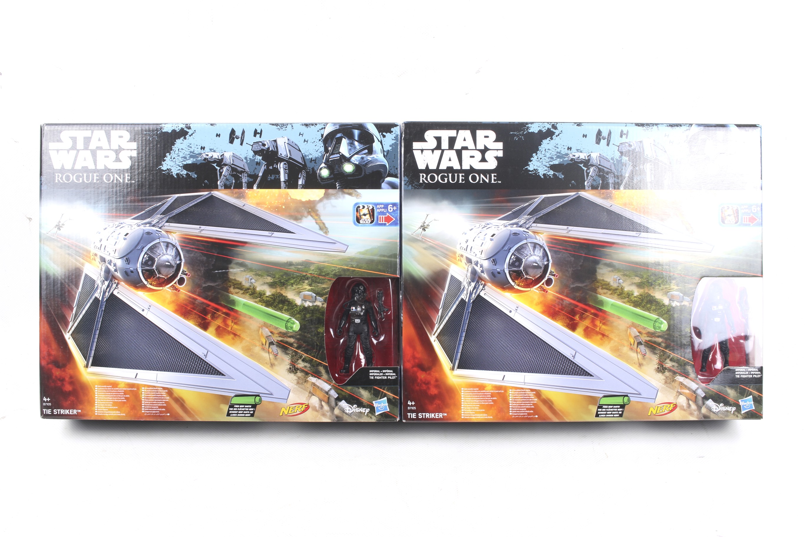 Two Star Wars Rogue One Tie Striker sets. Including action fgure and accessories, in original boxes.