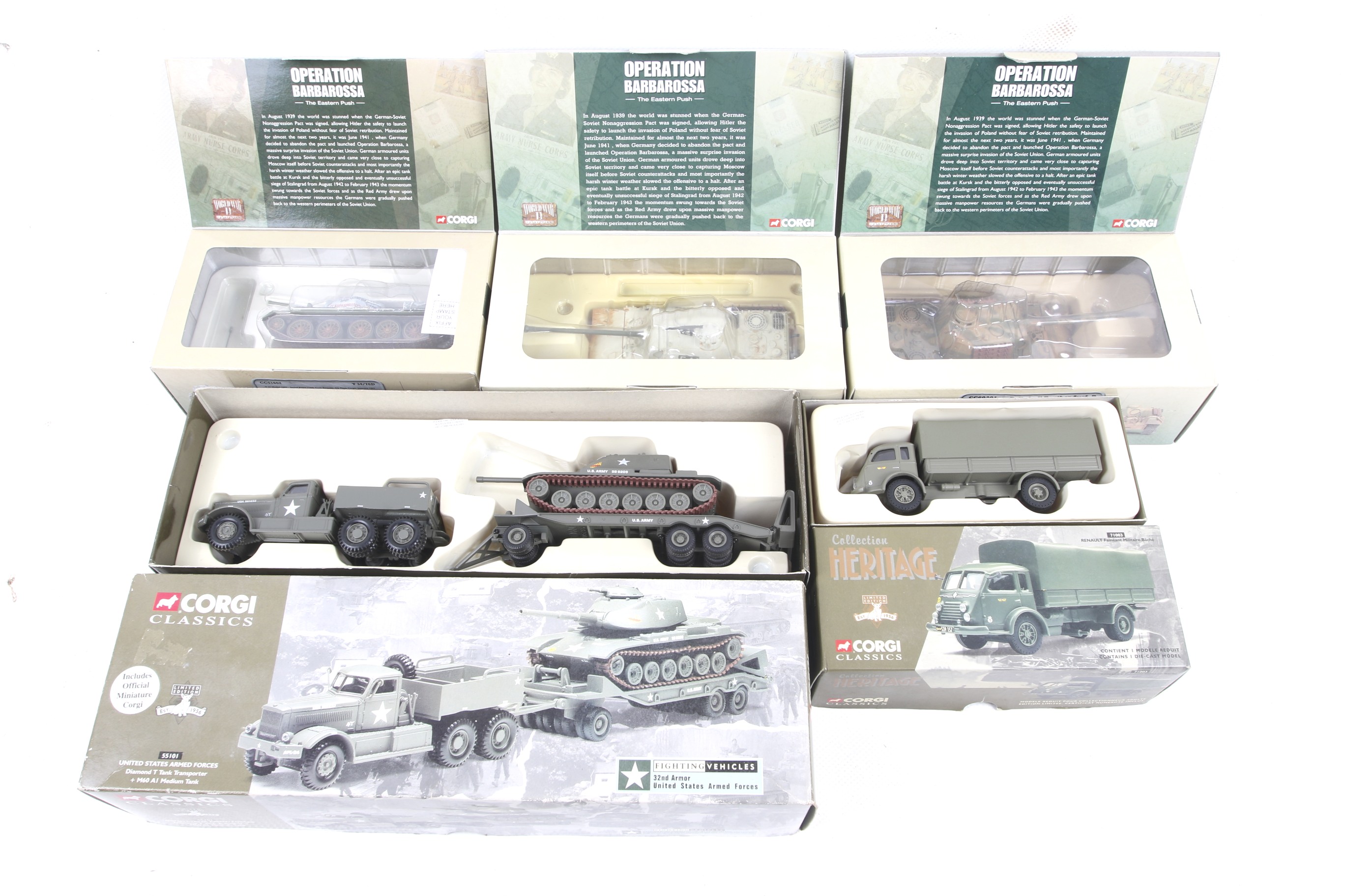 Five Corgi diecast military vehicles. Comprising a T-34 tank no. CC51602, two Panzer tanks nos.