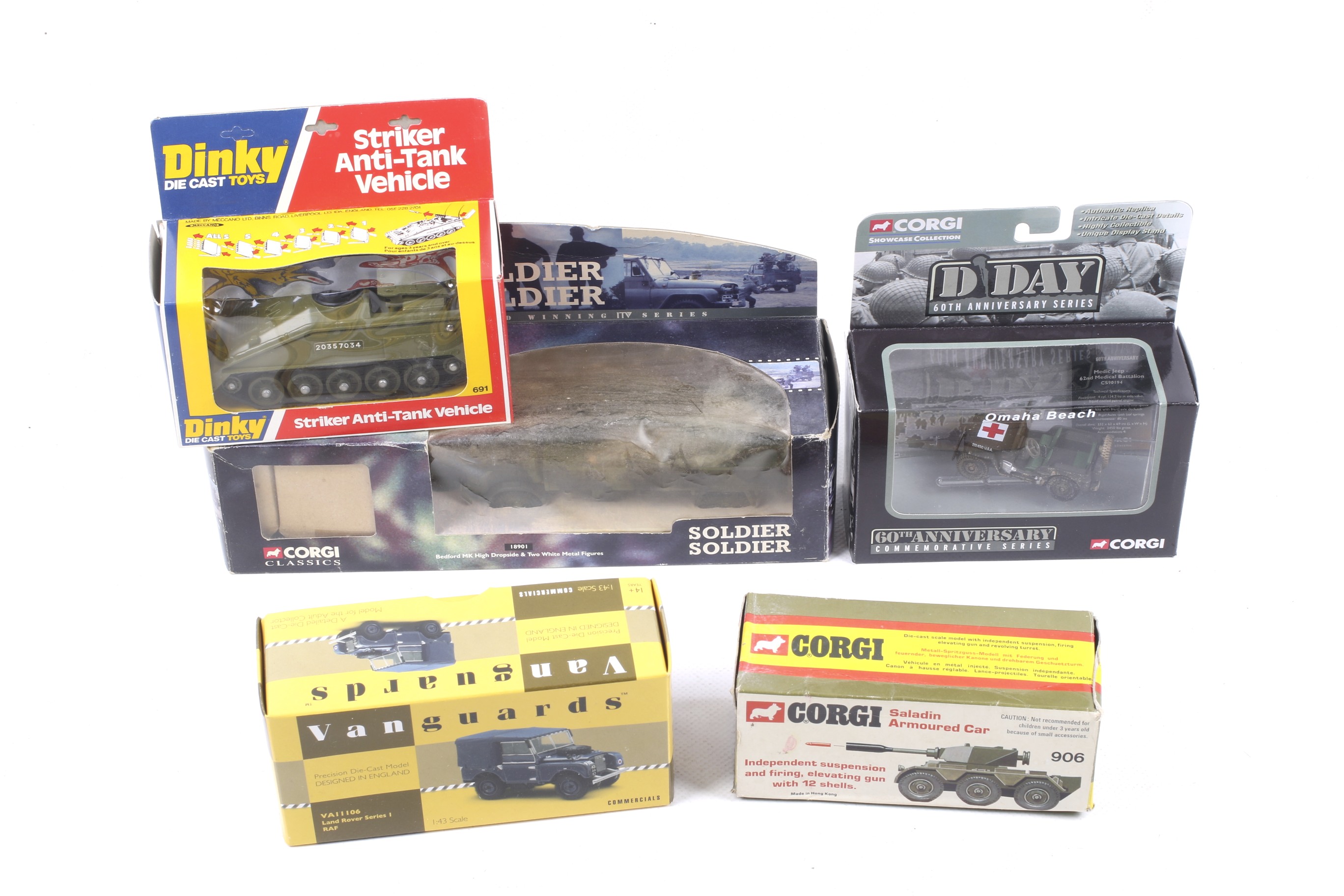 Five diecast military vehicles. Comprising four Corgi with Saladin Armoured Car no.