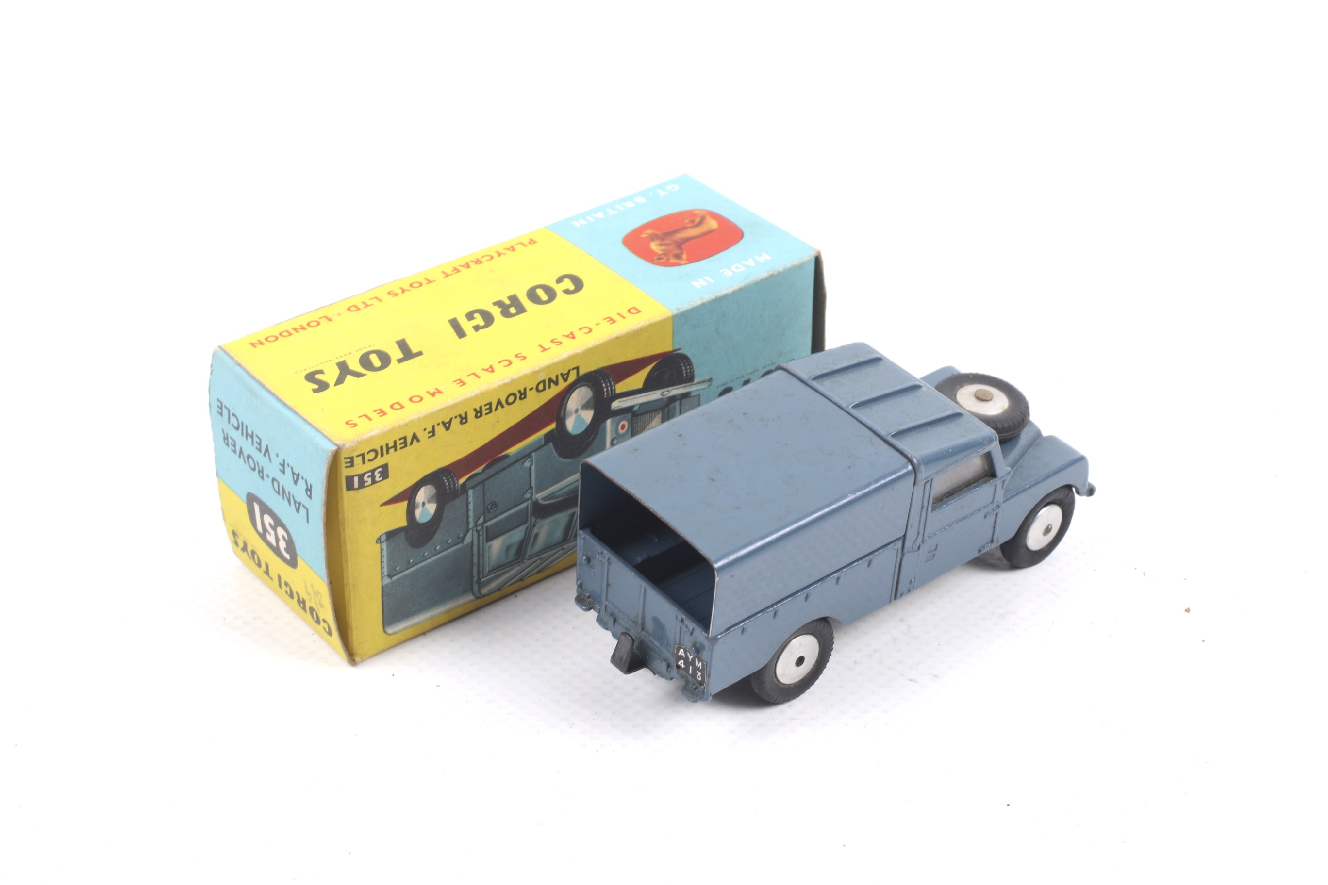 A Corgi diecast Land Rover RAF Vehicle. No. 351, blue body and metal wheels, in original box. - Image 2 of 2