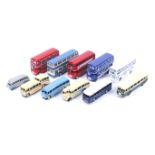 Eleven diecast metal buses. Featuring Corgi and Dinky in a range of liveries etc, all unboxed.