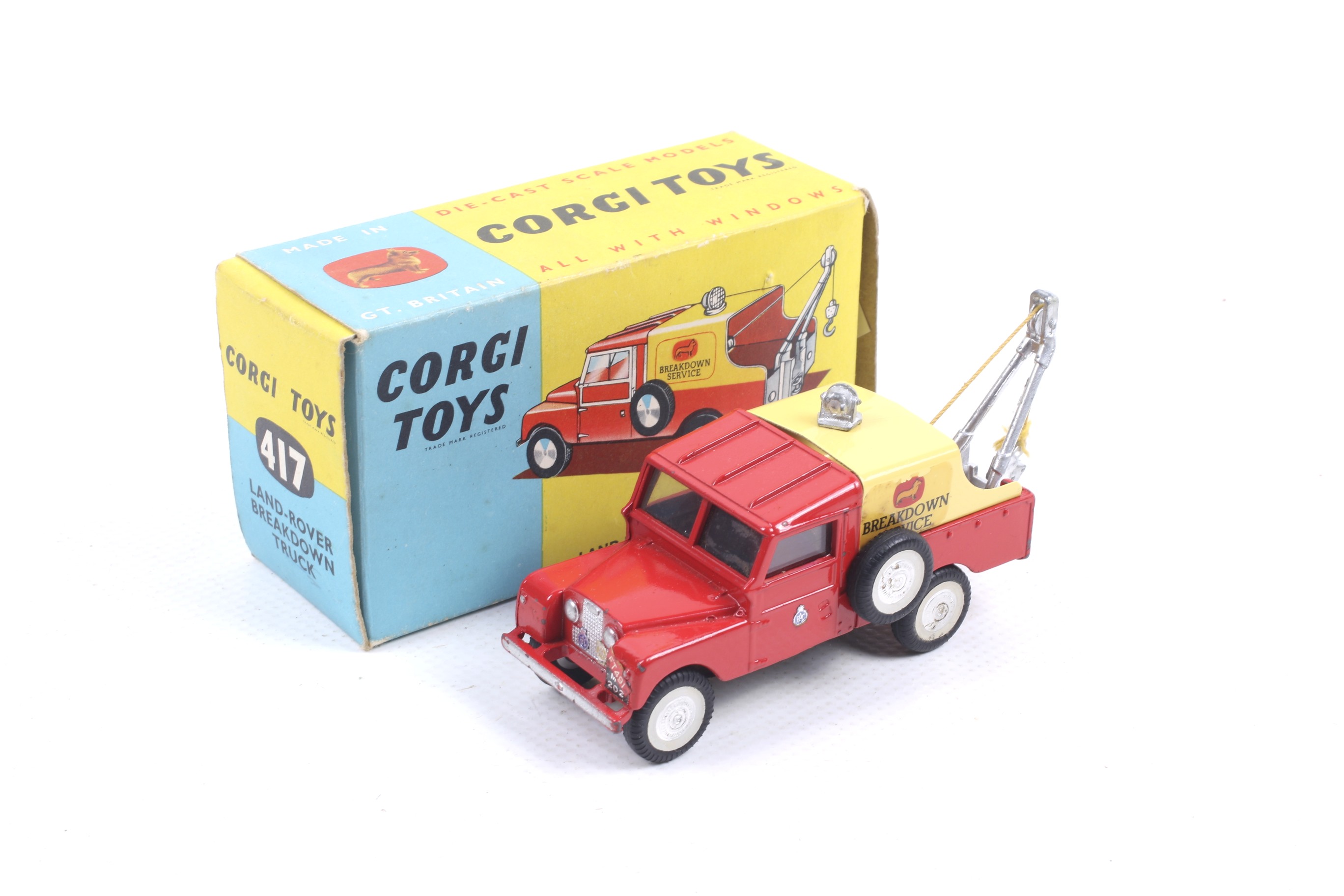 A Corgi diecast Land Rover Breakdown Truck. No. 417, with red body and yellow hood, in original box.