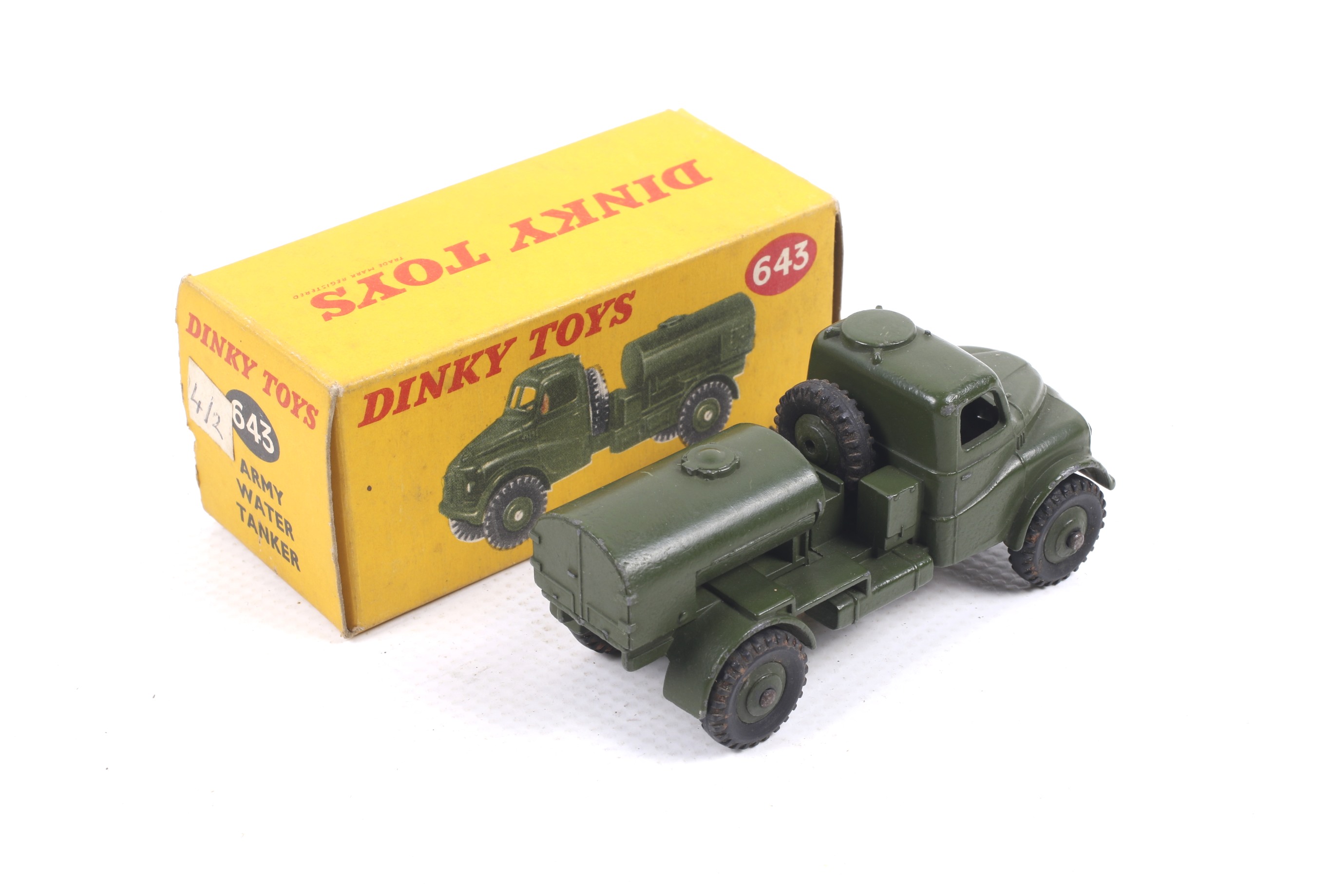 A Dinky diecast army water tanker. No. 643, in green, complete with driver figure, in original box. - Image 2 of 2