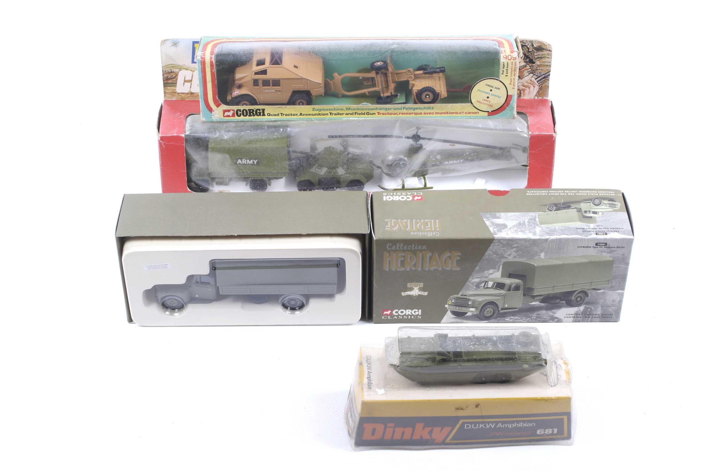Four diecast military vehicles. Comprising one Dinky DUKW Amphibian no.