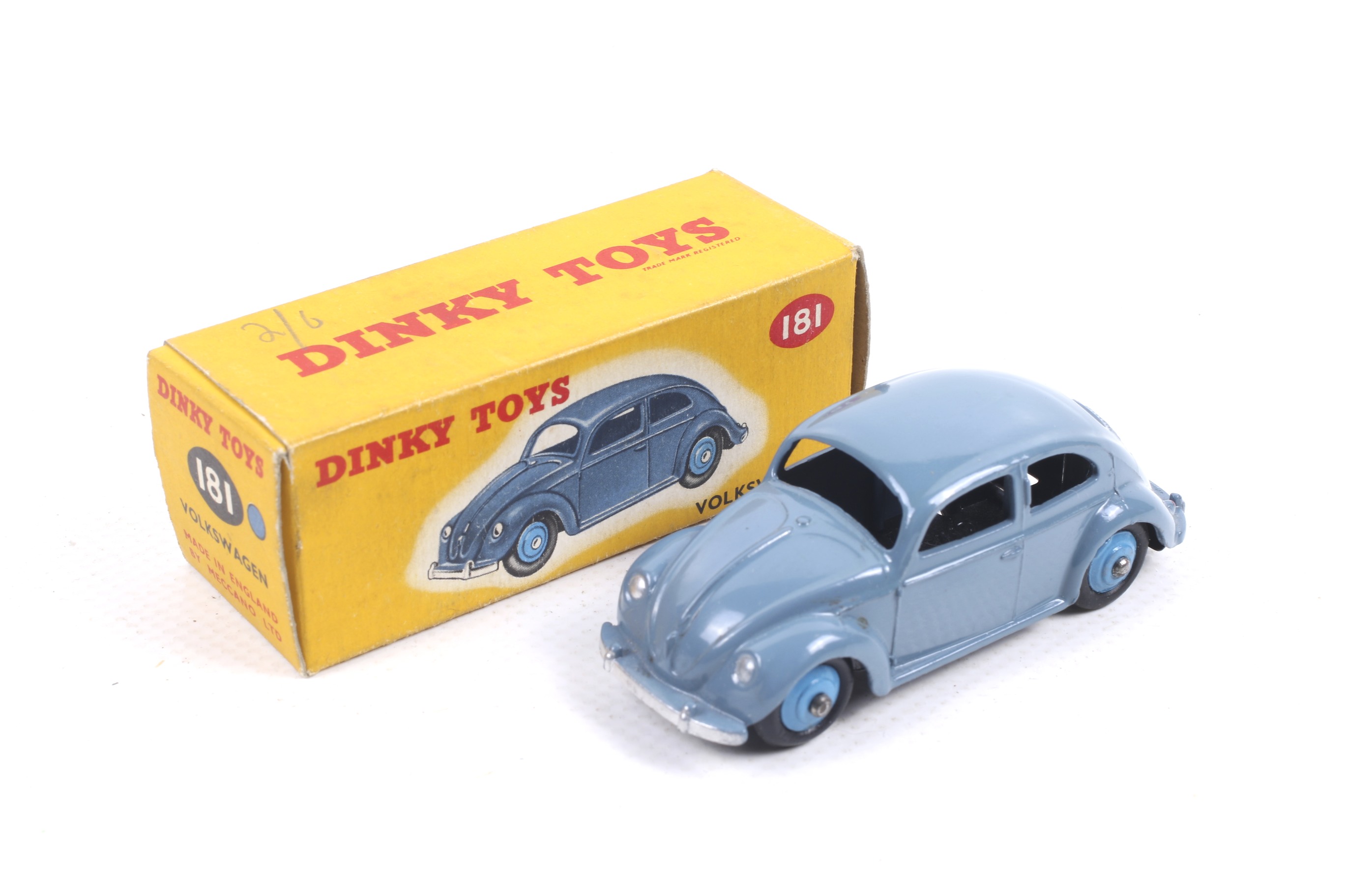 A Dinky Diecast Volkswagen (Beetle). No. 181, with blue body and wheels, in original box.