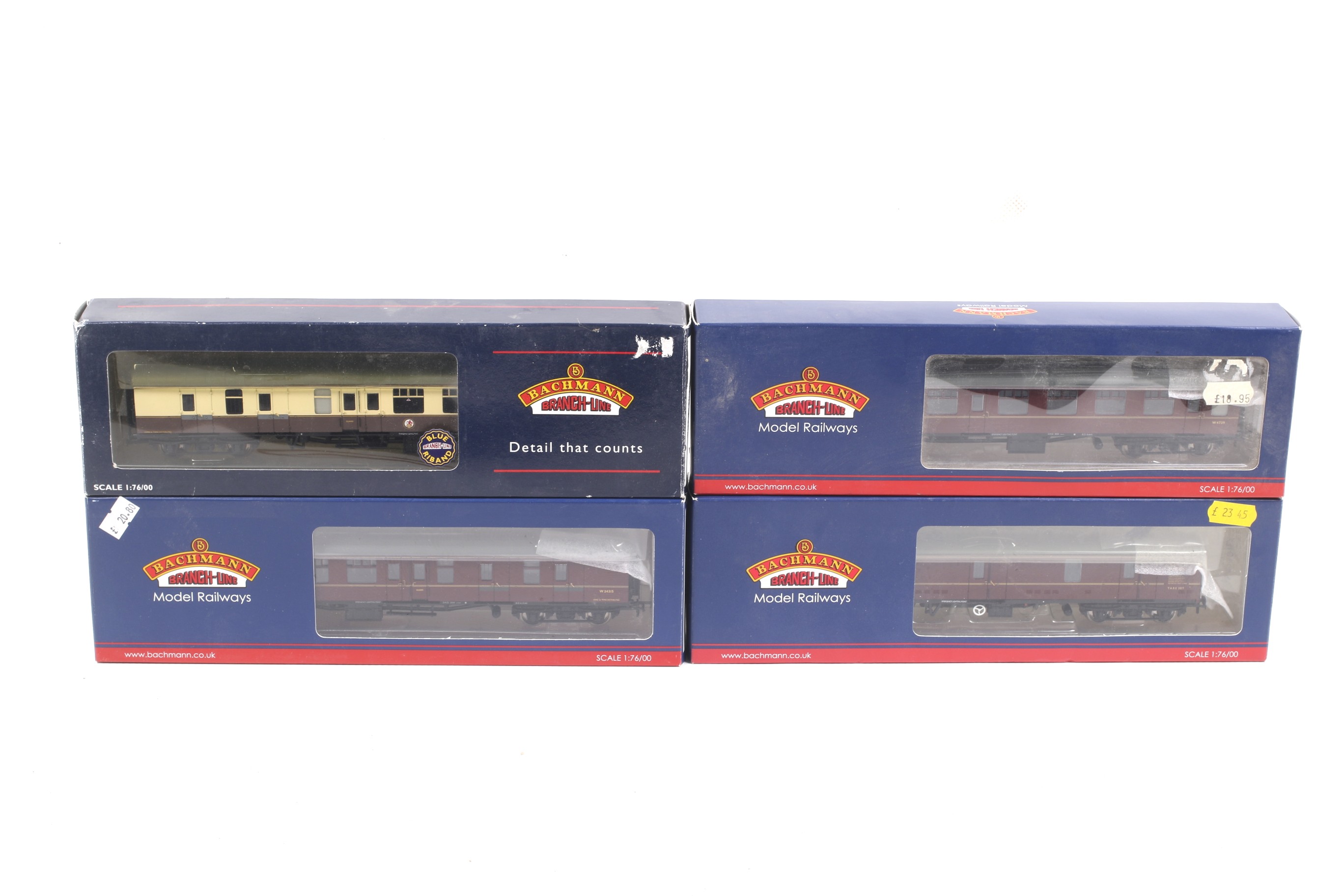 Four Bachmann BR OO gauge Mk1 coaches. In maroon and chocolate and cream, in original boxes.