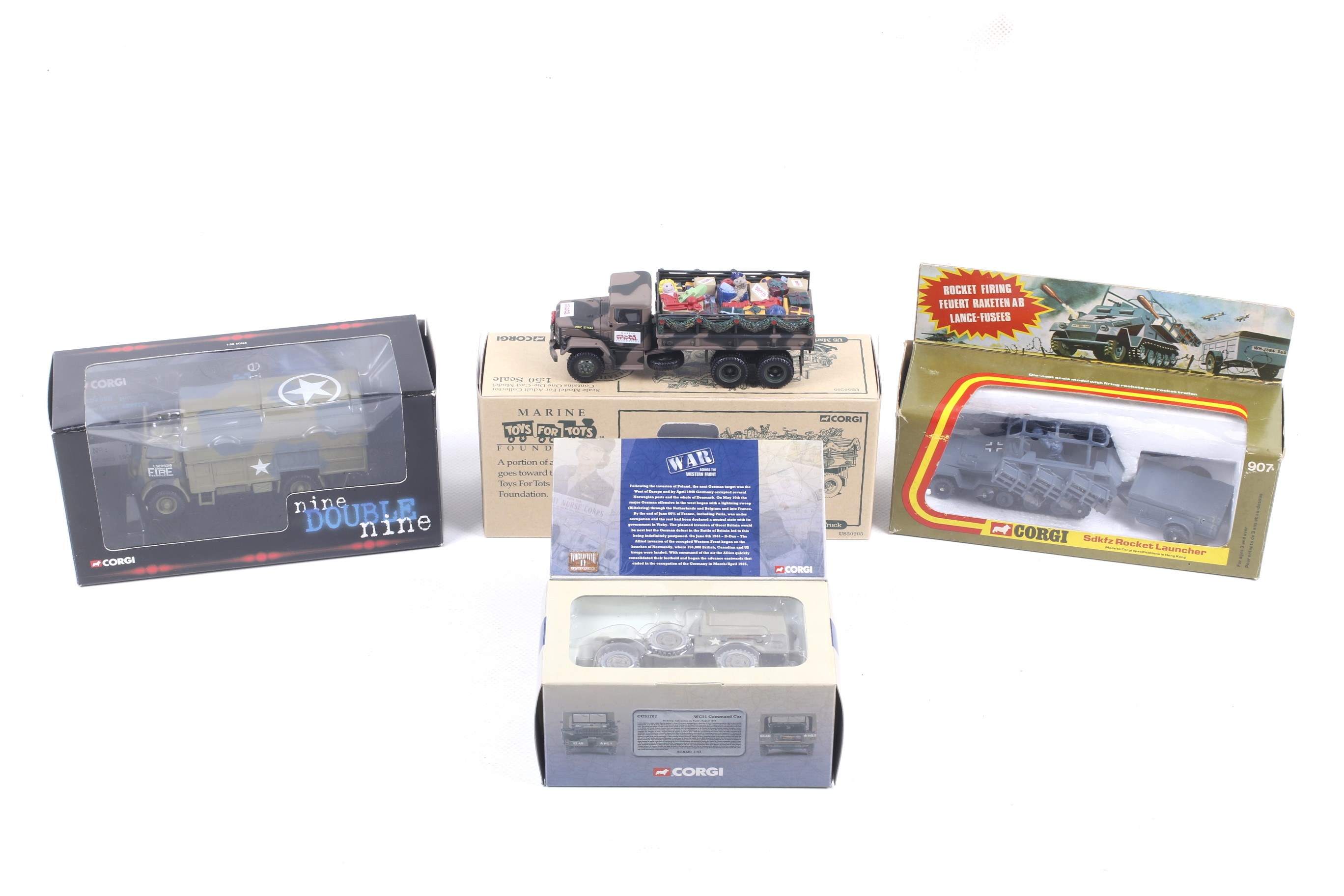 Four Corgi diecast military vehicles. Comprising one Bedford QLD Army Fire Service no.