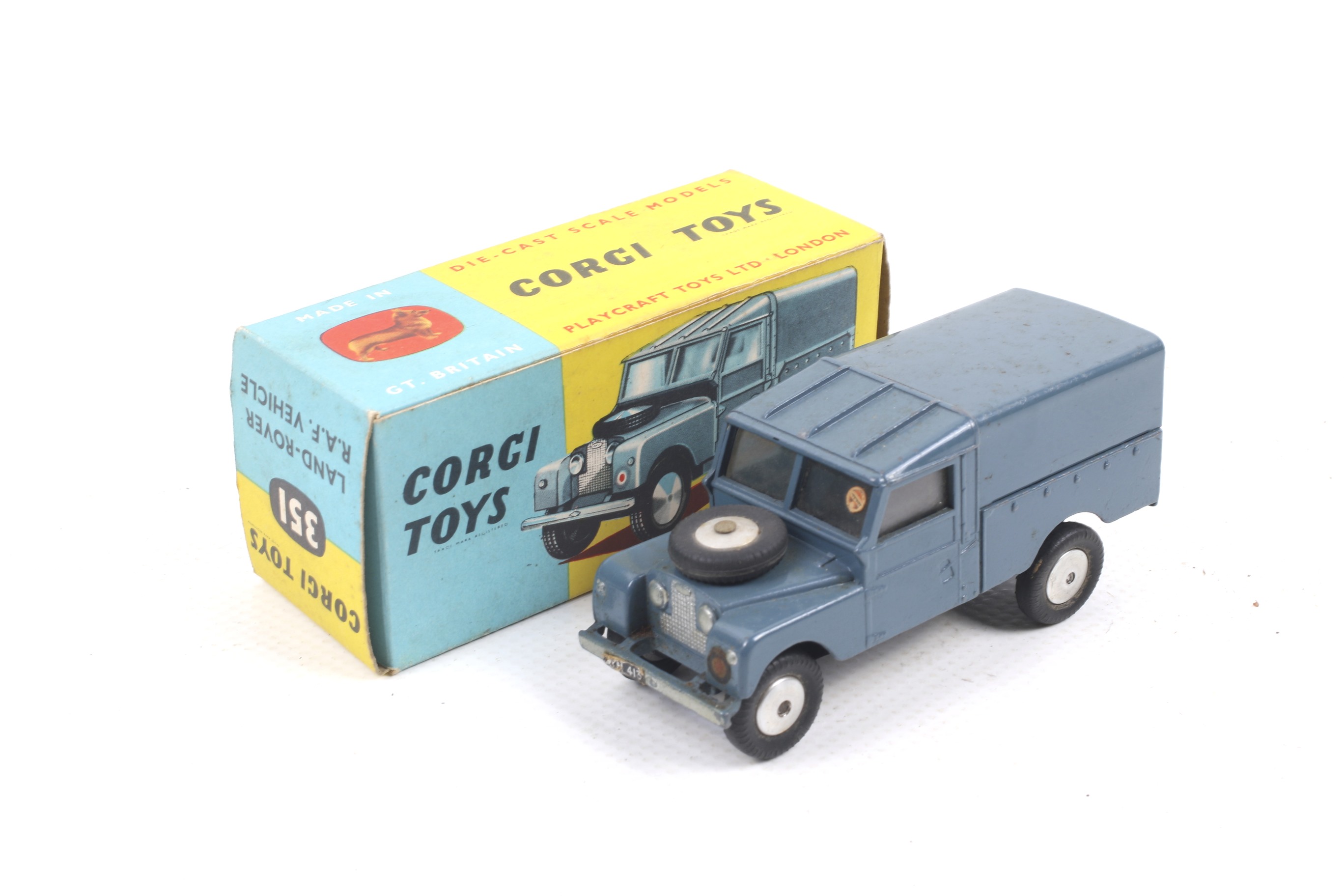 A Corgi diecast Land Rover RAF Vehicle. No. 351, blue body and metal wheels, in original box.