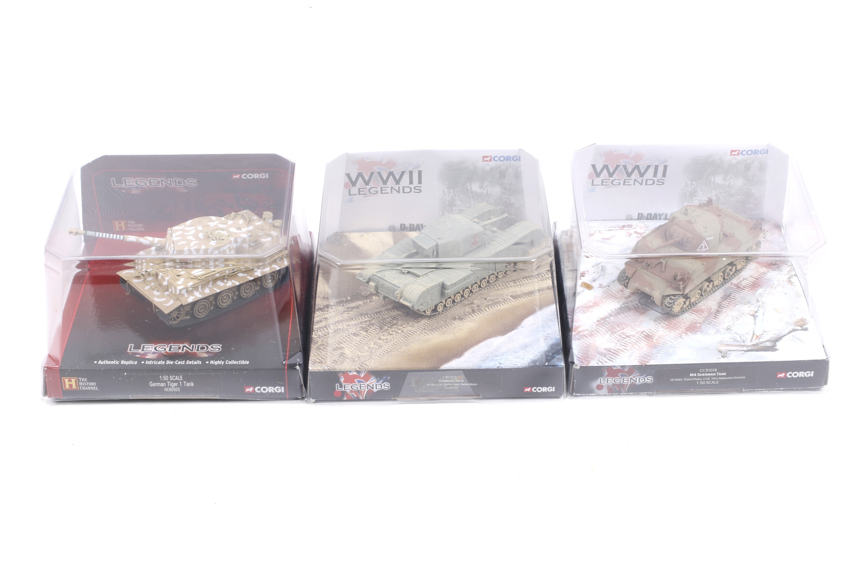 Three 1:50 scale Corgi WWII Legends tanks. Comprising one Churchill MkIII no.