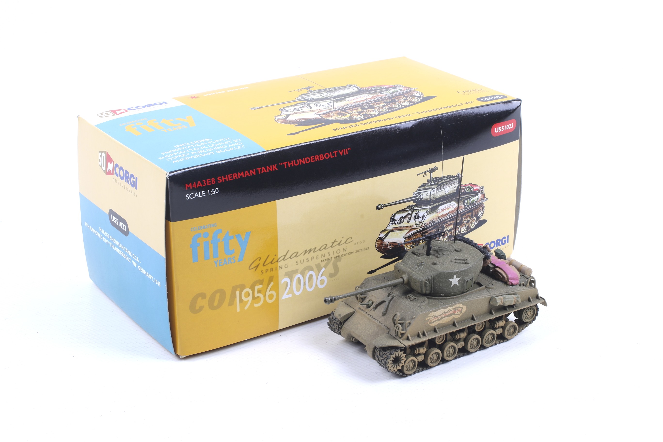 A Corgi fifty year anniversary edition M4A3E8 Sherman Tank diecast model.