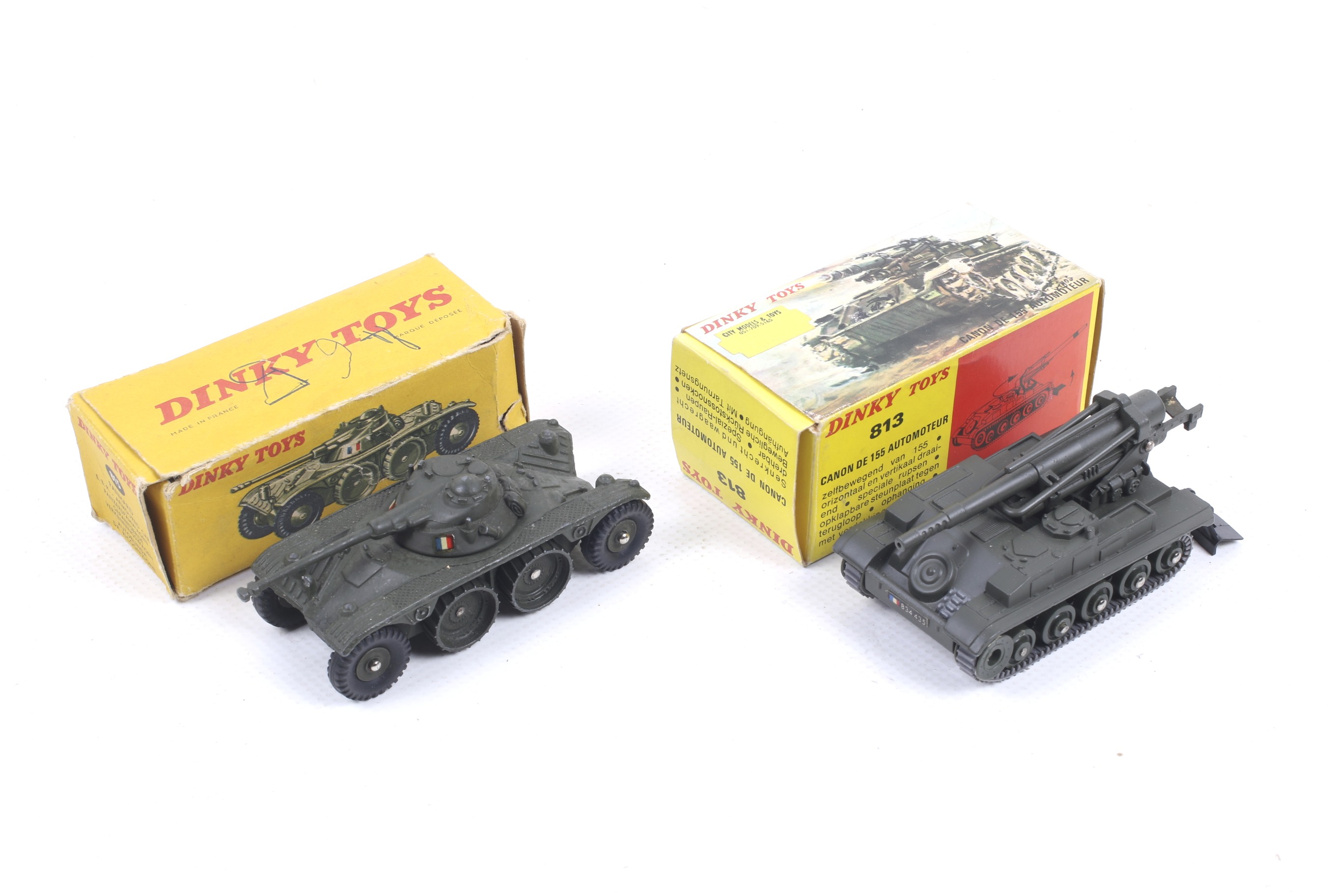 Two French Dinky diecast military vehicles. Comprising one Canon de 155 automoteur no.