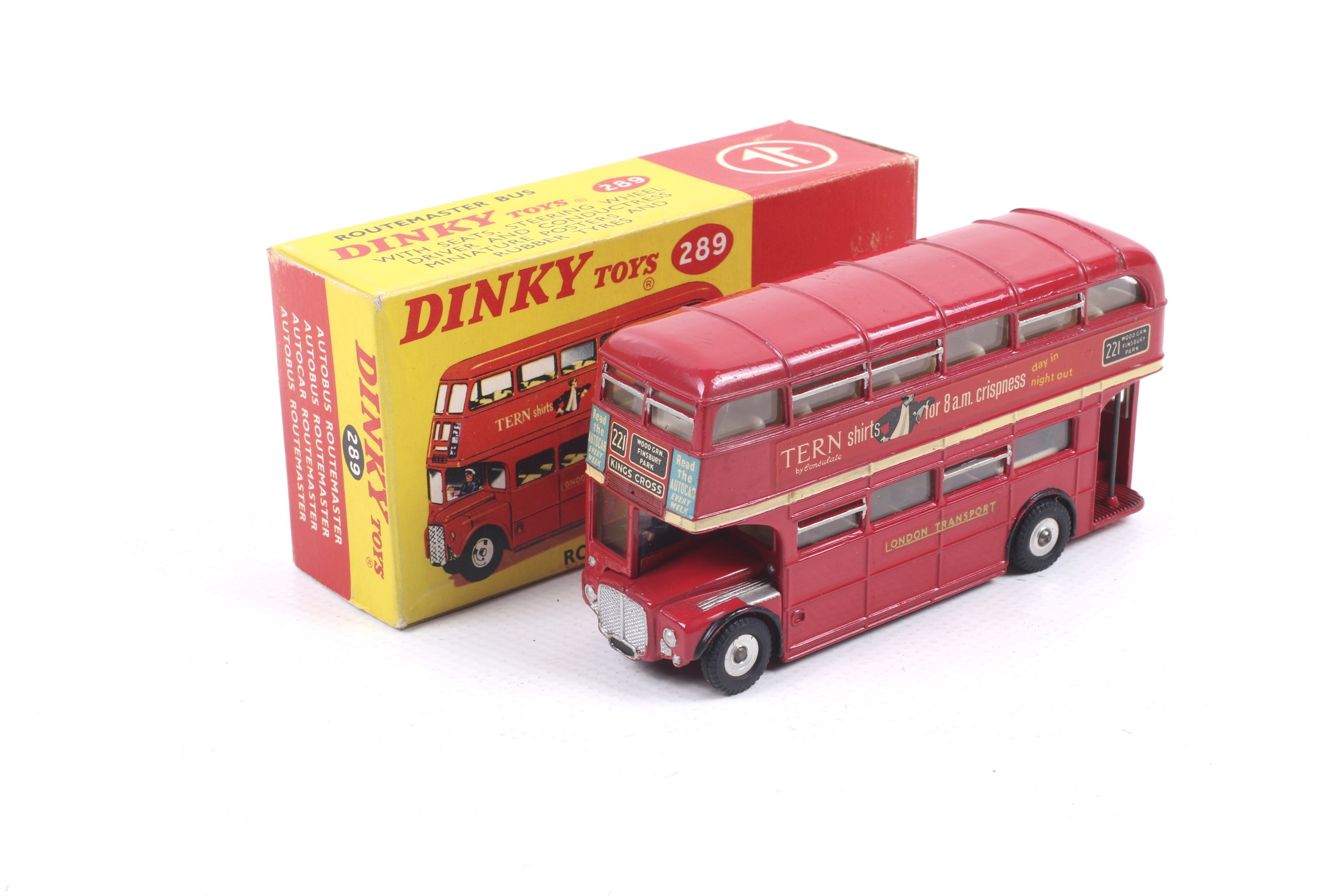 A Dinky diecast Routemaster Bus. No. 289, in red with Tern Shirts decals, in original box.