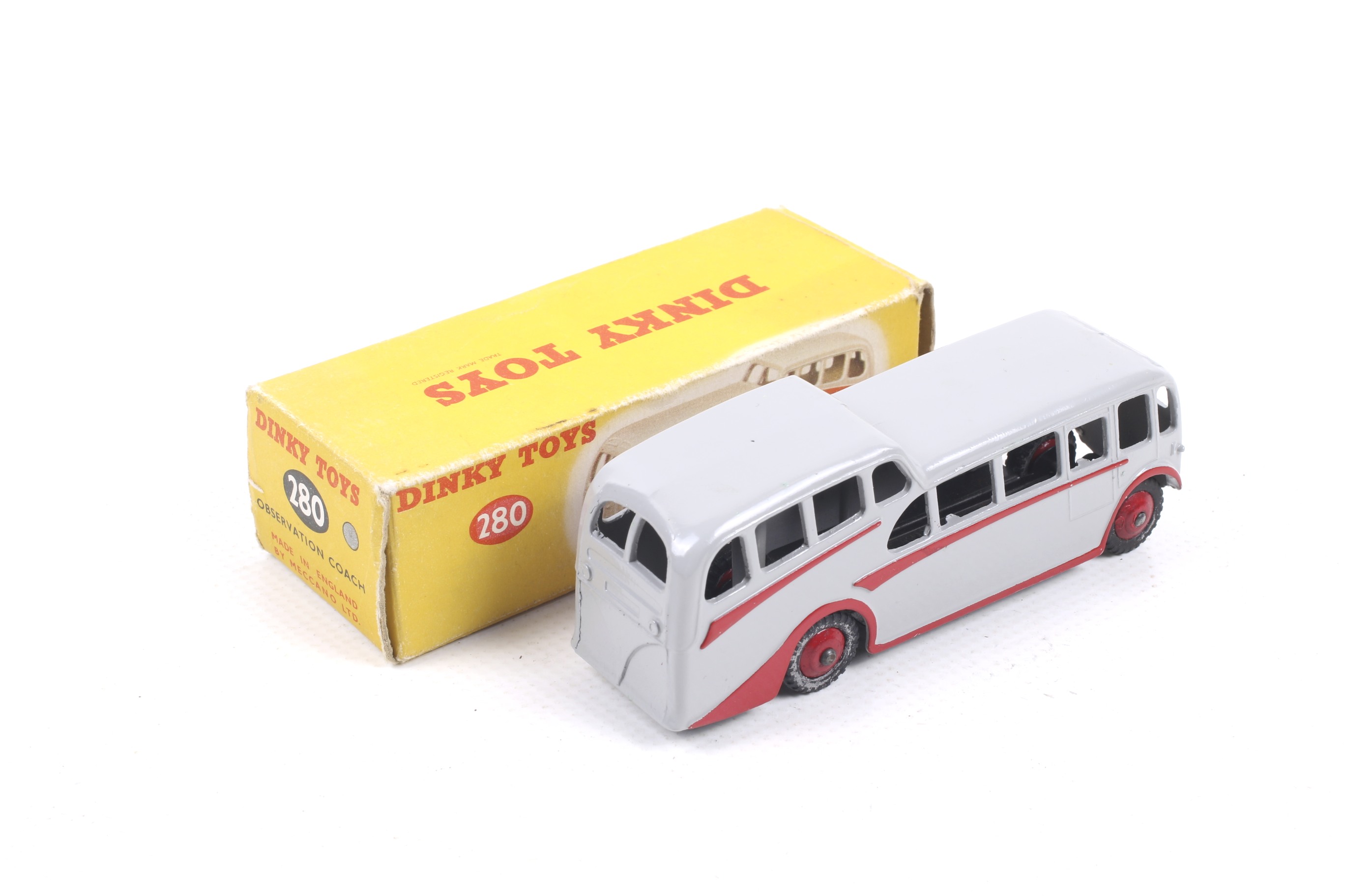 A Dinky diecast Observation Coach. No. 280, grey body with red trim and wheels, in original box. - Bild 2 aus 2