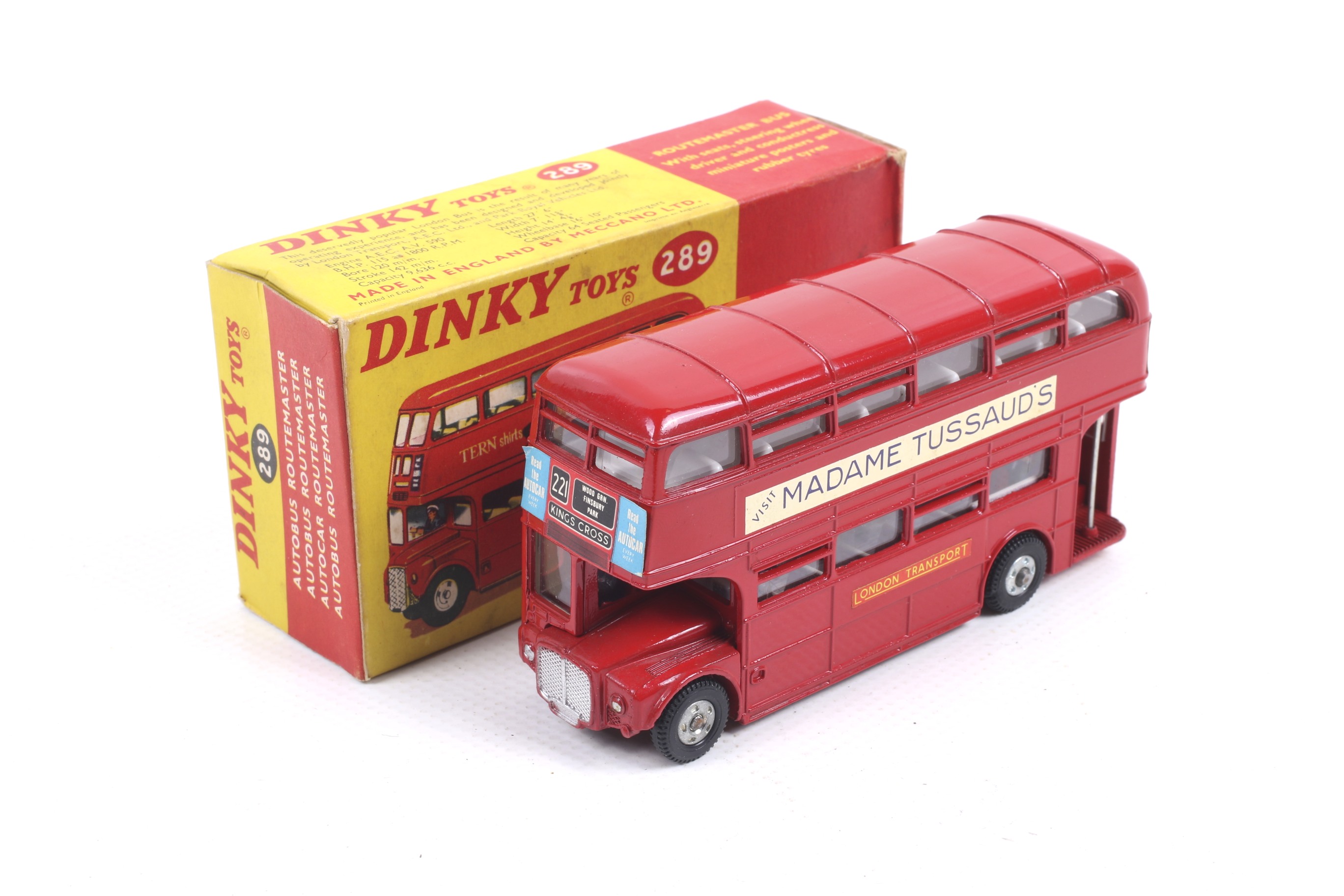 A Dinky diecast Routemaster Bus. No. 289, in red with Madame Tussauds decals, in original box.