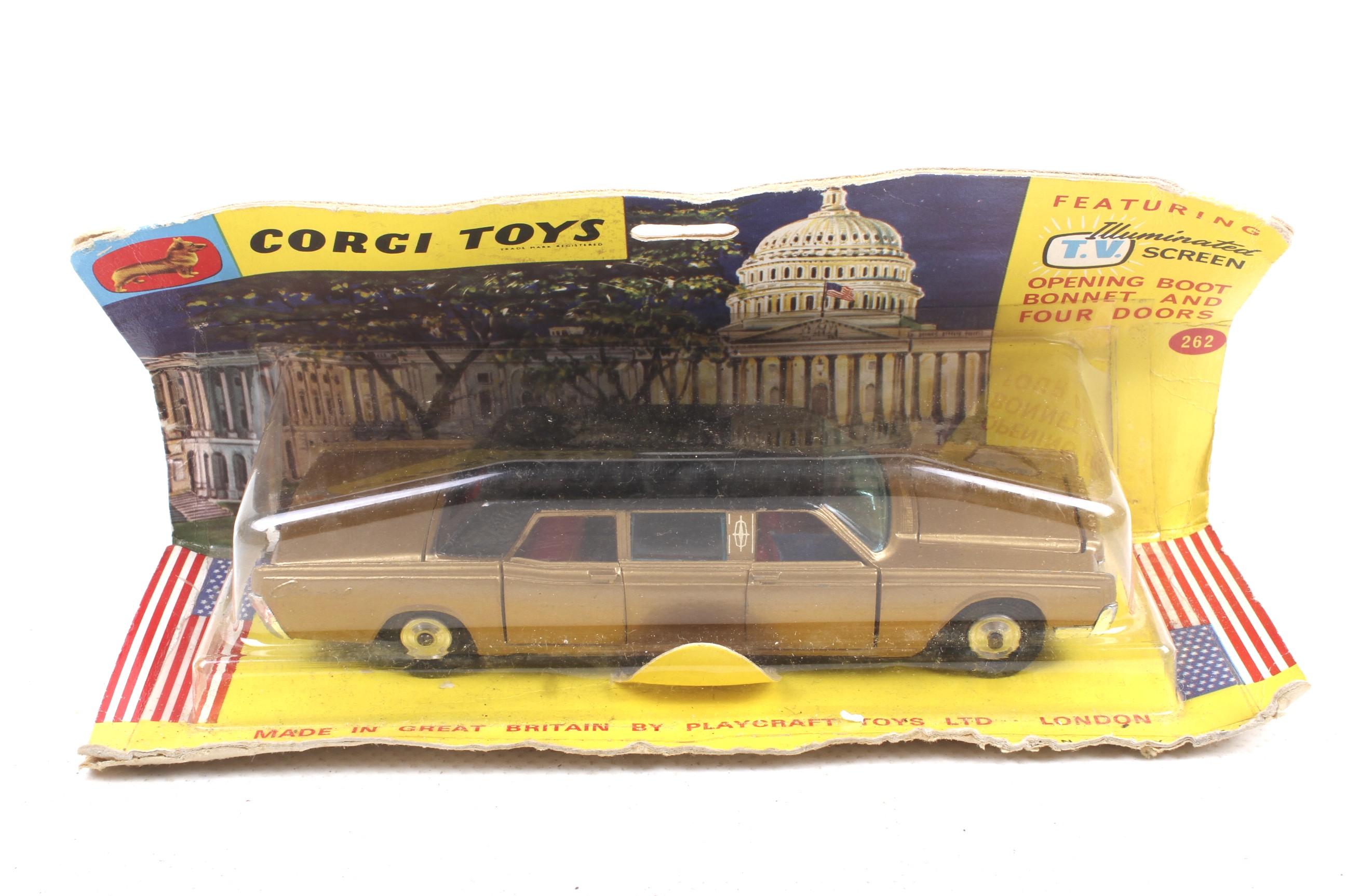 A Corgi diecast Lincoln Continental Limousine. No. 262, gold body and black roof, in original box.