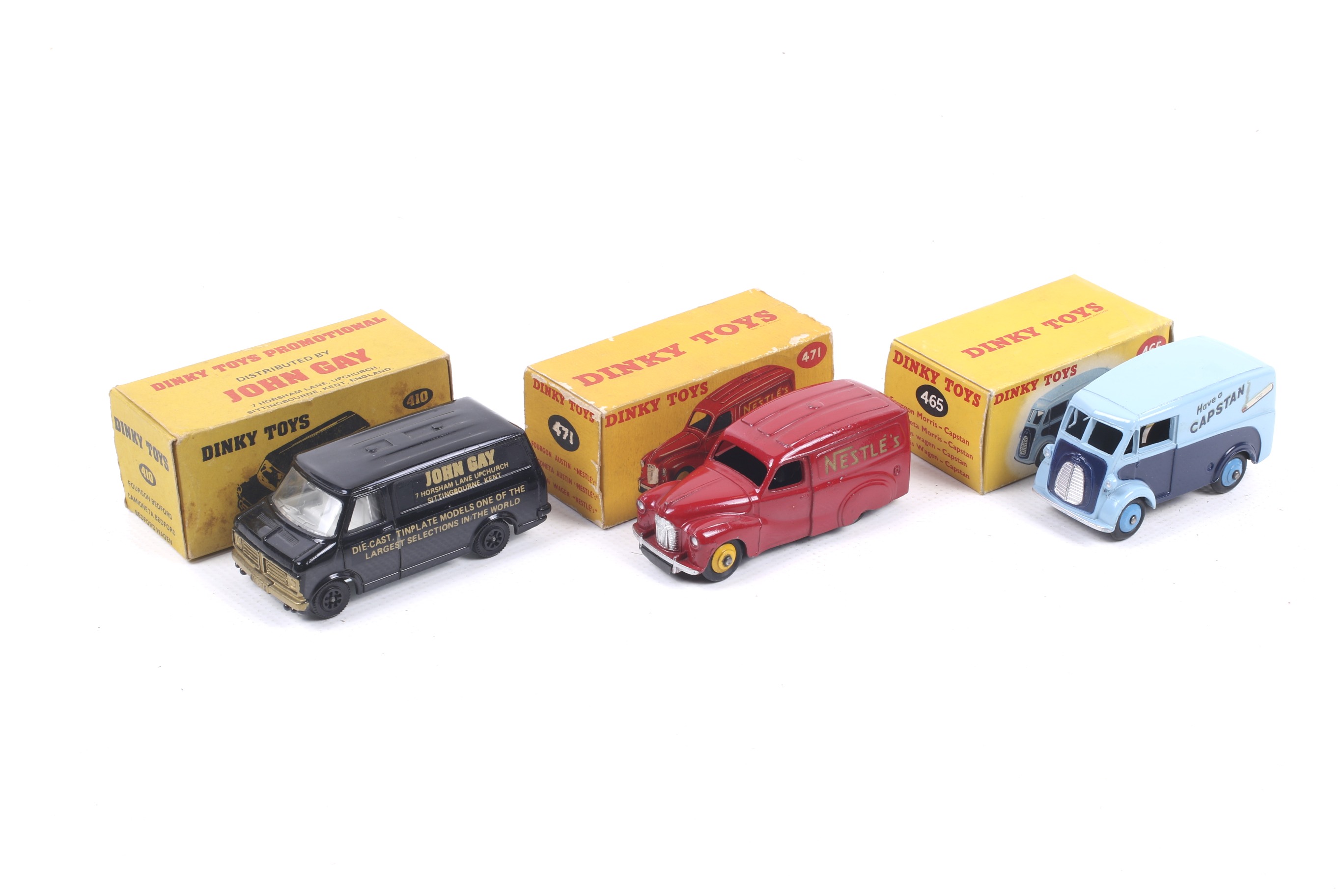 Three Dinky diecast vans. Comprising one Morris Commercial Van 'Capstan' no.