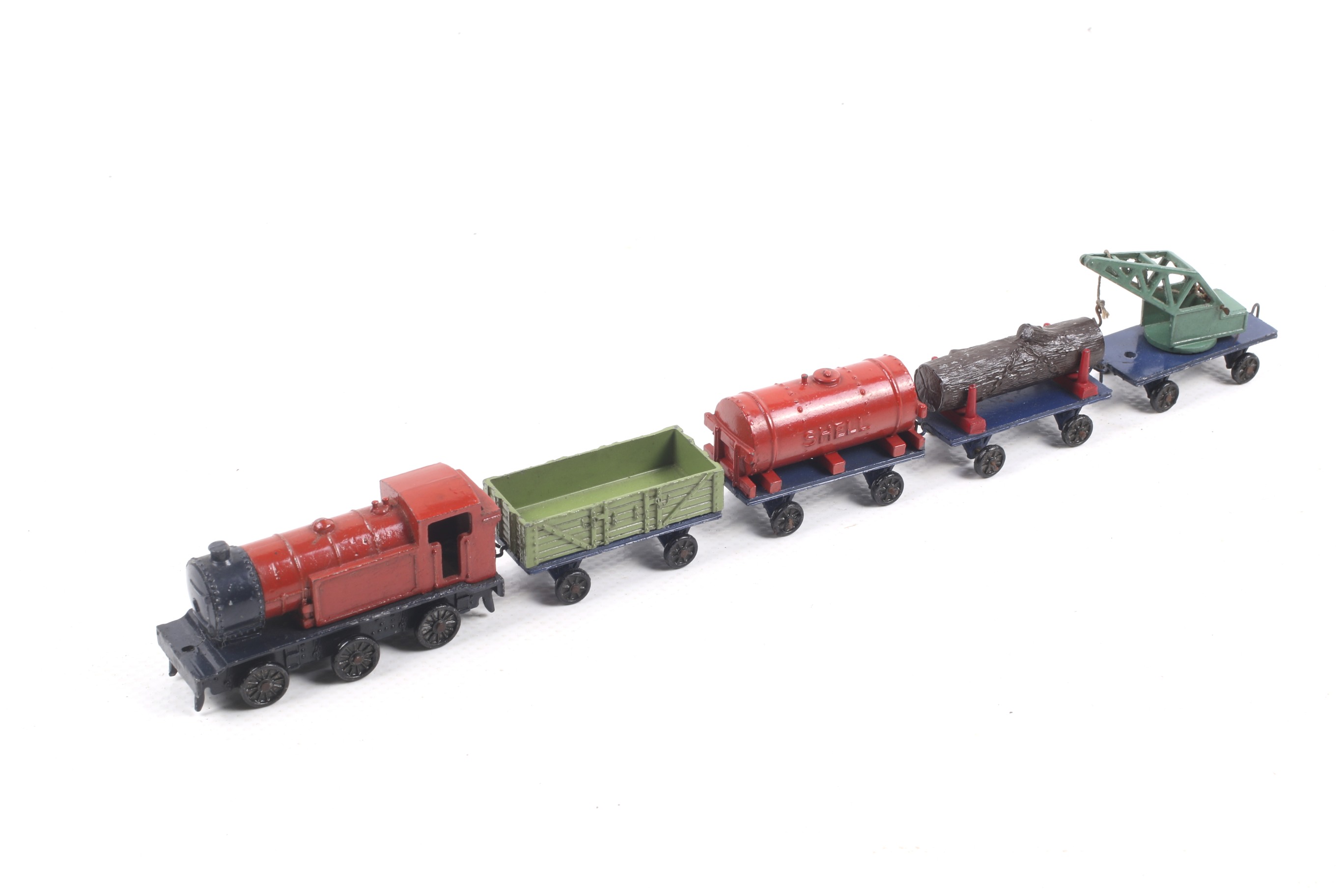 A Meccano Hornby Series tank engine and goods wagons.