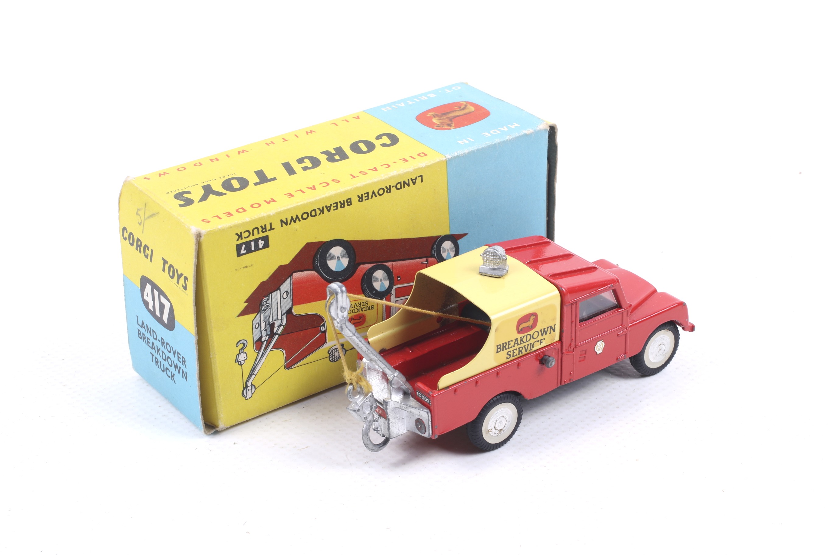 A Corgi diecast Land Rover Breakdown Truck. No. 417, with red body and yellow hood, in original box. - Image 2 of 2