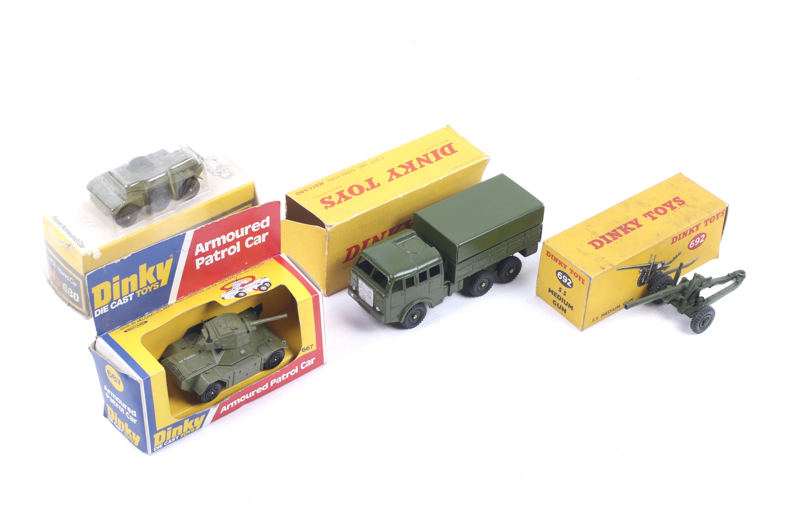 Four Dinky diecast military vehicles. Comprising one Ferret Armoured Car no.