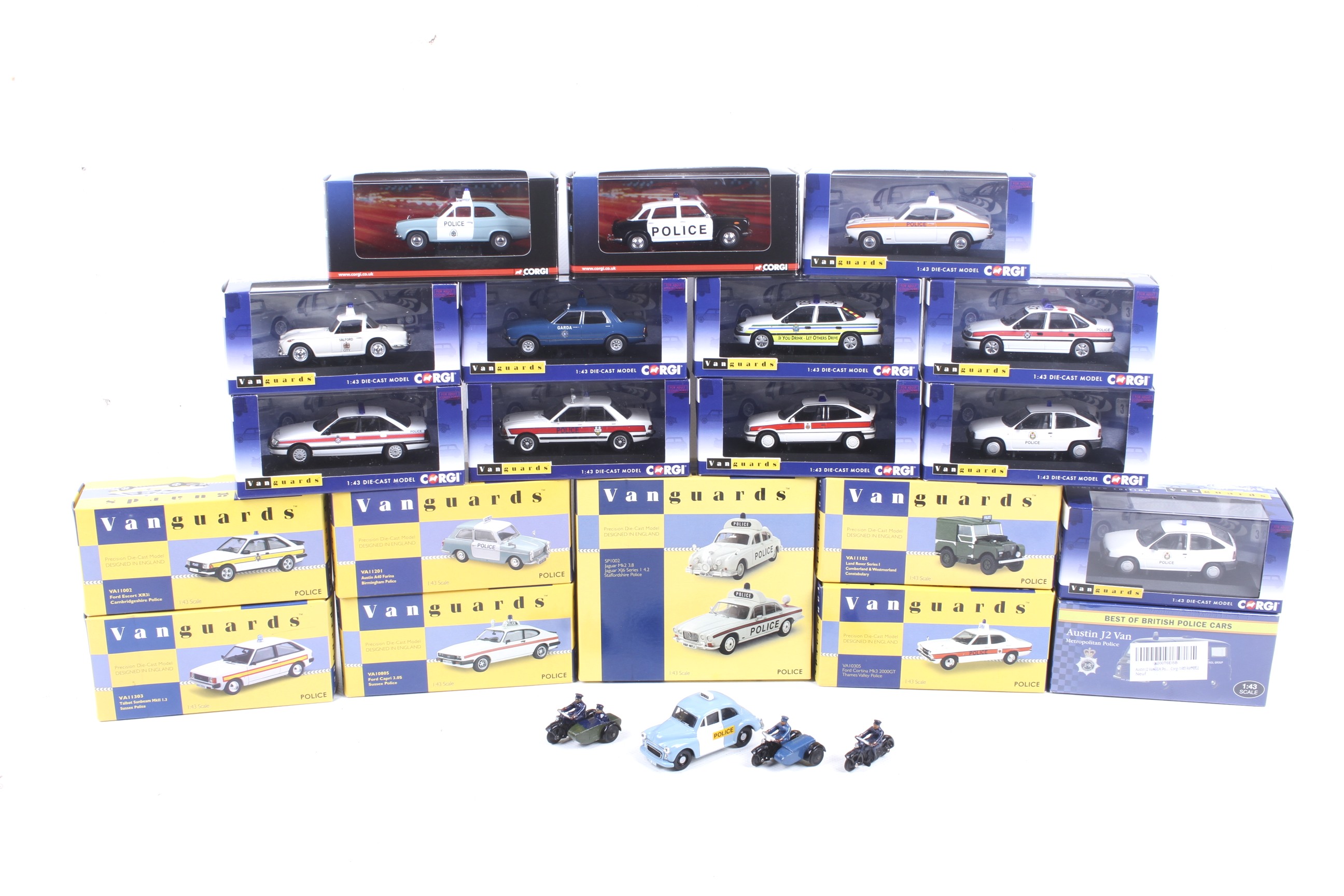 Twenty-one Corgi diecast police cars.