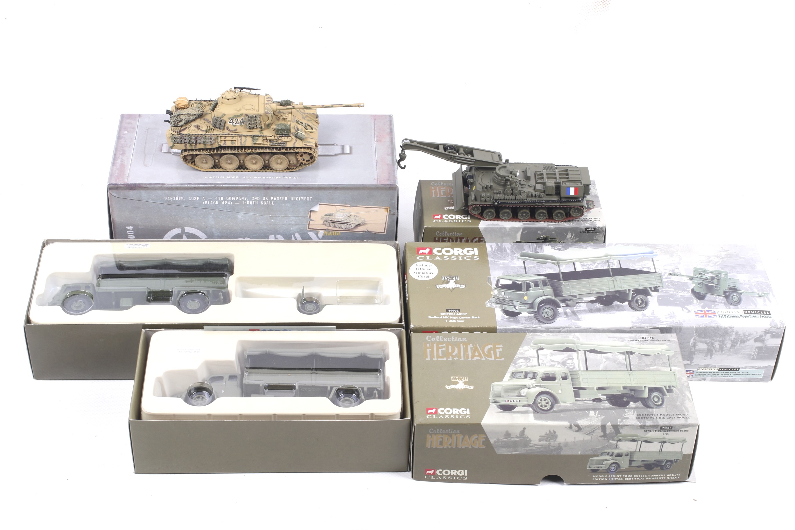 Four Corgi diecast military vehicles. Comprising one Berliet GLR8 no. 73801, one Panther tank no.