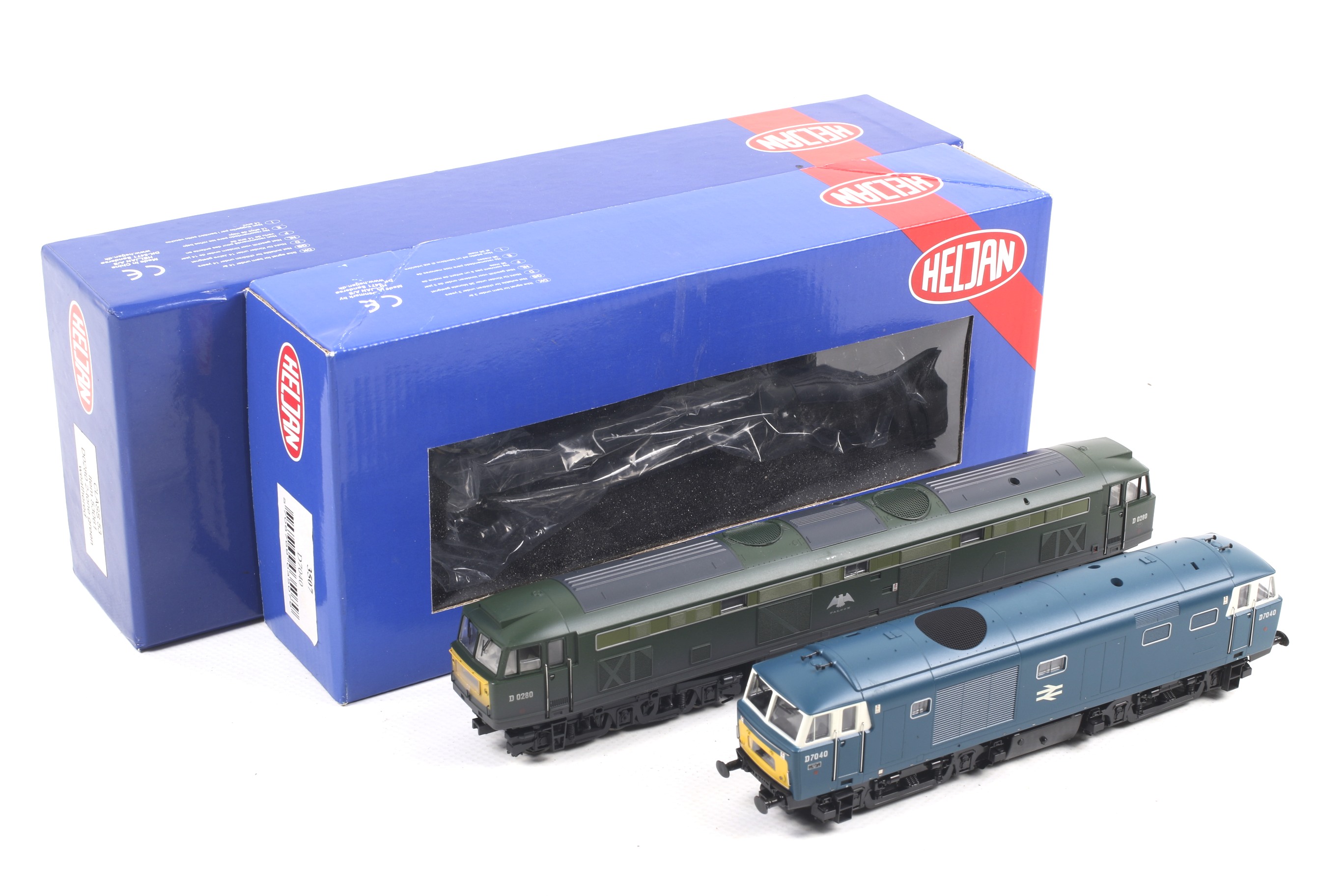 Two Heljan OO gauge diesel locomotives. Comprising one Hymek no. D7040 and one class 53 Falcon no.