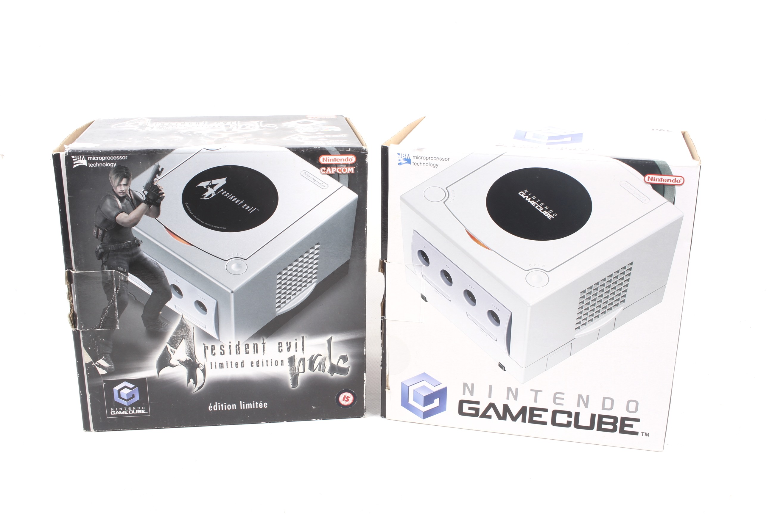 Two Nintendo Gamecube consoles.