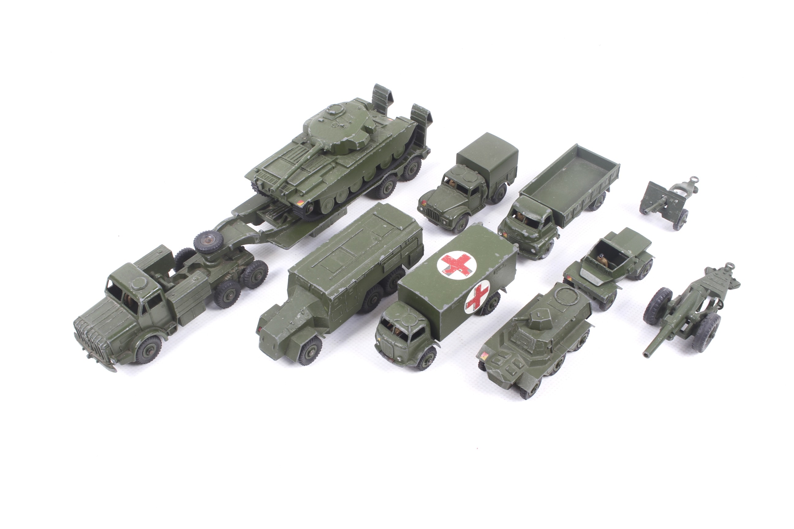 Ten unboxed Dinky diecast military vehicles.