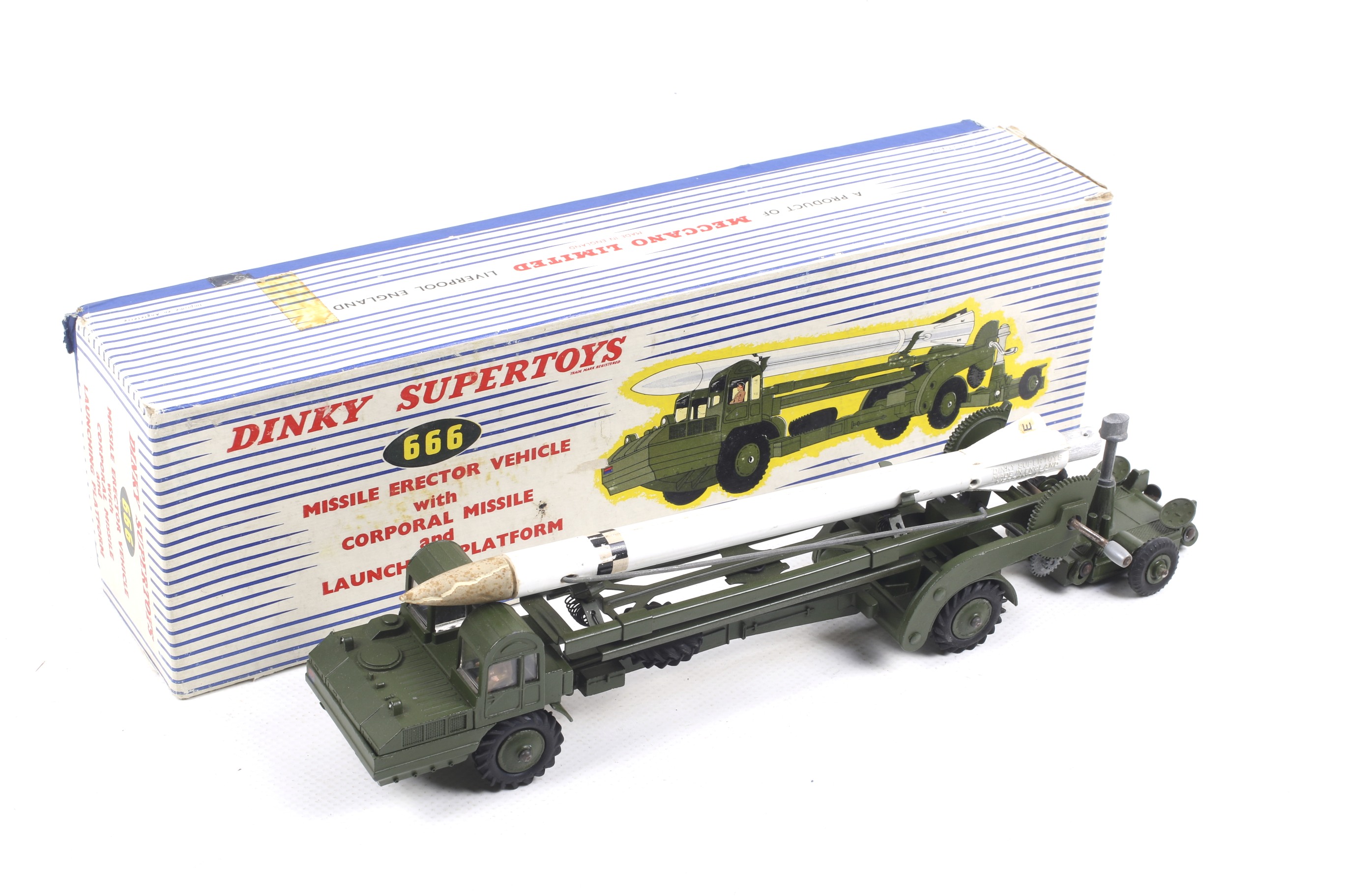 A Dinky diecast missile erector vehicle with missile and platform. No.