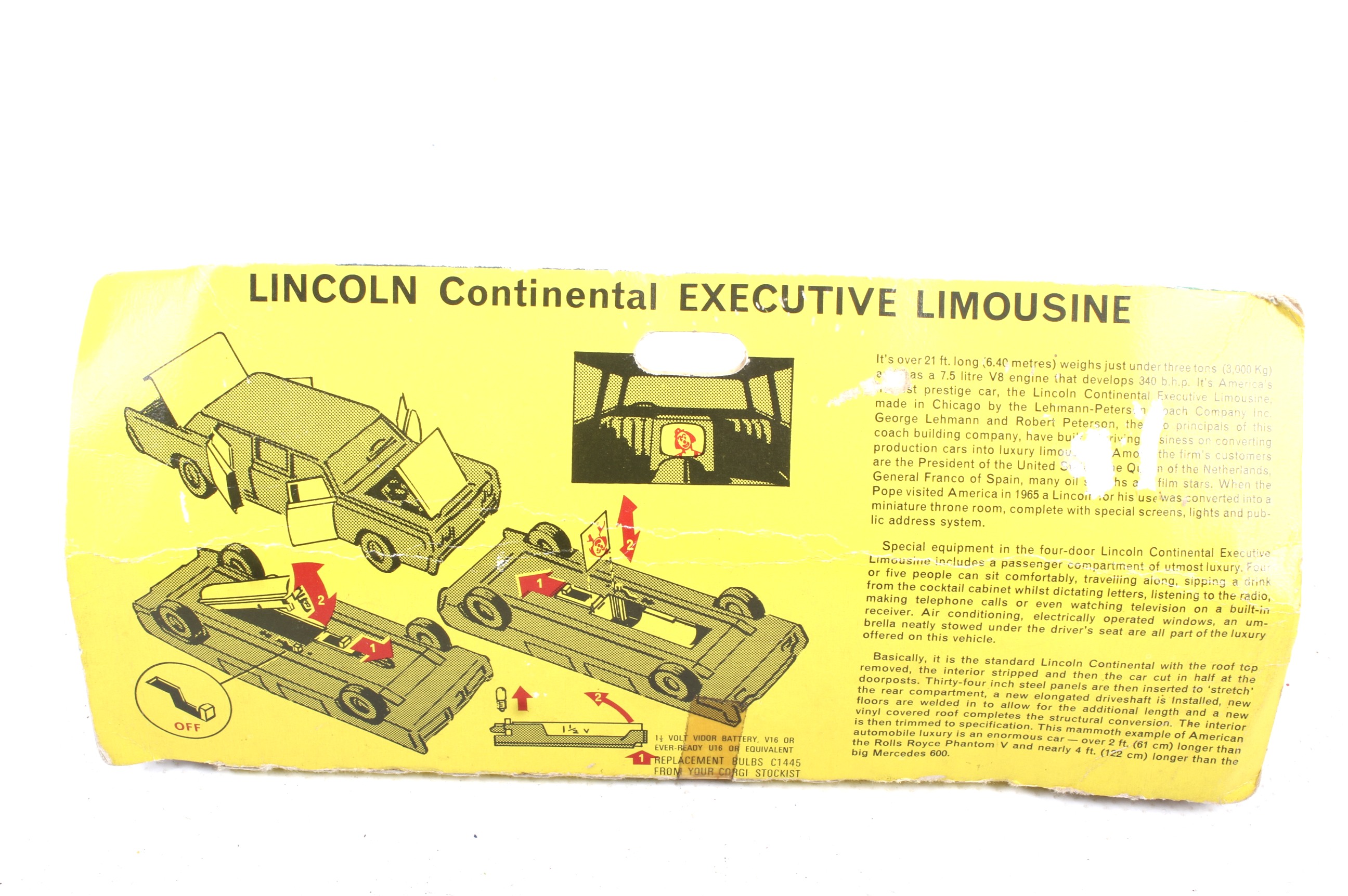 A Corgi diecast Lincoln Continental Limousine. No. 262, gold body and black roof, in original box. - Image 2 of 2