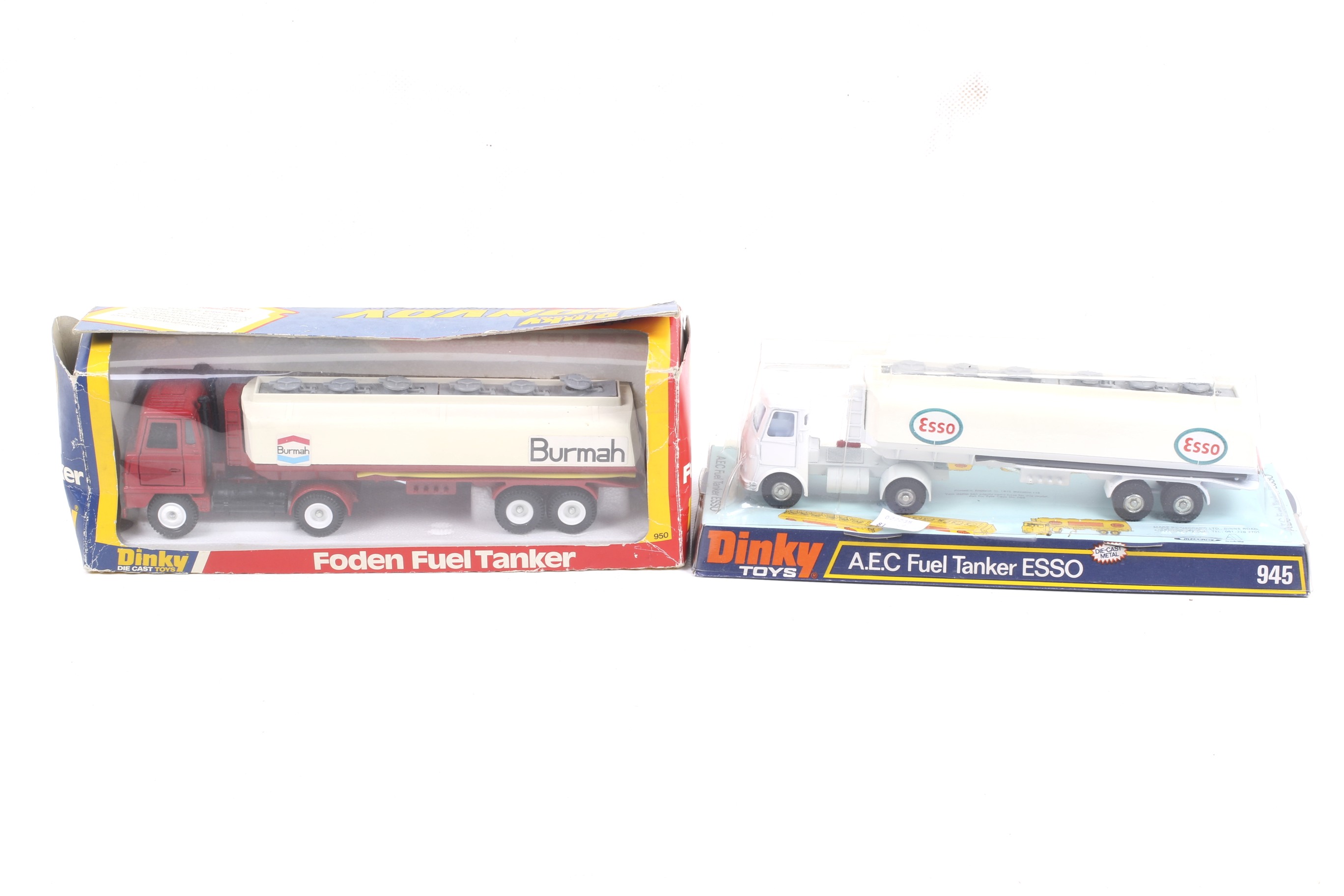 Two Dinky diecast fuel tankers. One Foden fuel tanker no. 950 and one AEC Esso tanker no.