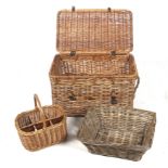 Three pieces of wicker. Comprising a hamper, H47cm x W76cm x D46.