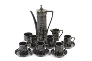 A mid-century Portmeirion 'Totem' six piece coffee set. Glazed in dark green, Max.