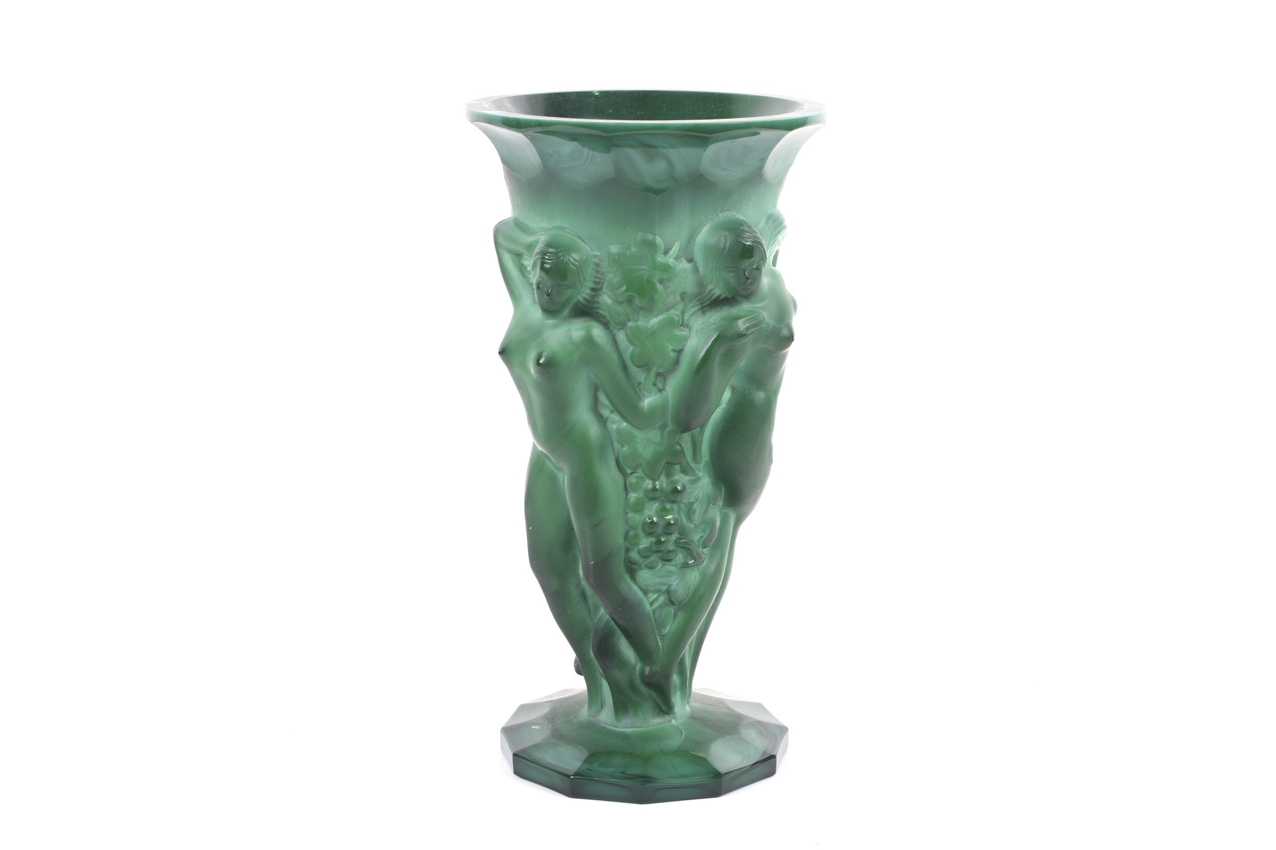 A circa 1930s Art Deco moulded green malachite glass vase, attributed to Curt Schlevoght.
