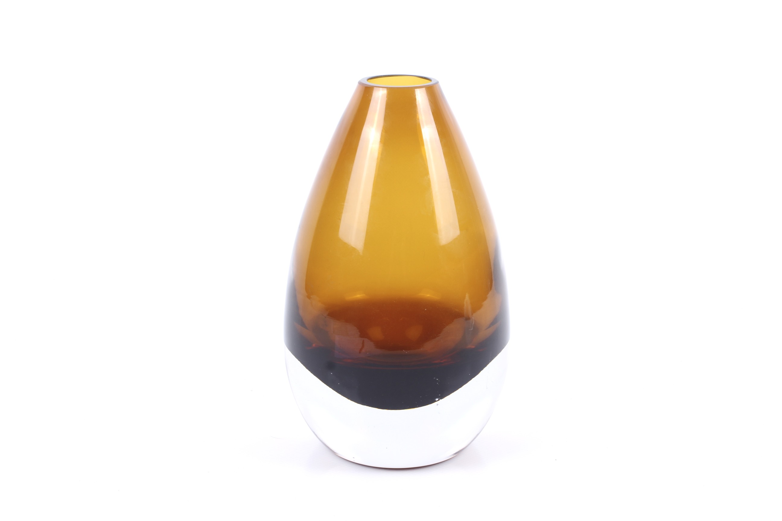 A contemporary retro teardrop shaped cased glass vase. Golden brown upper and clear glass base.
