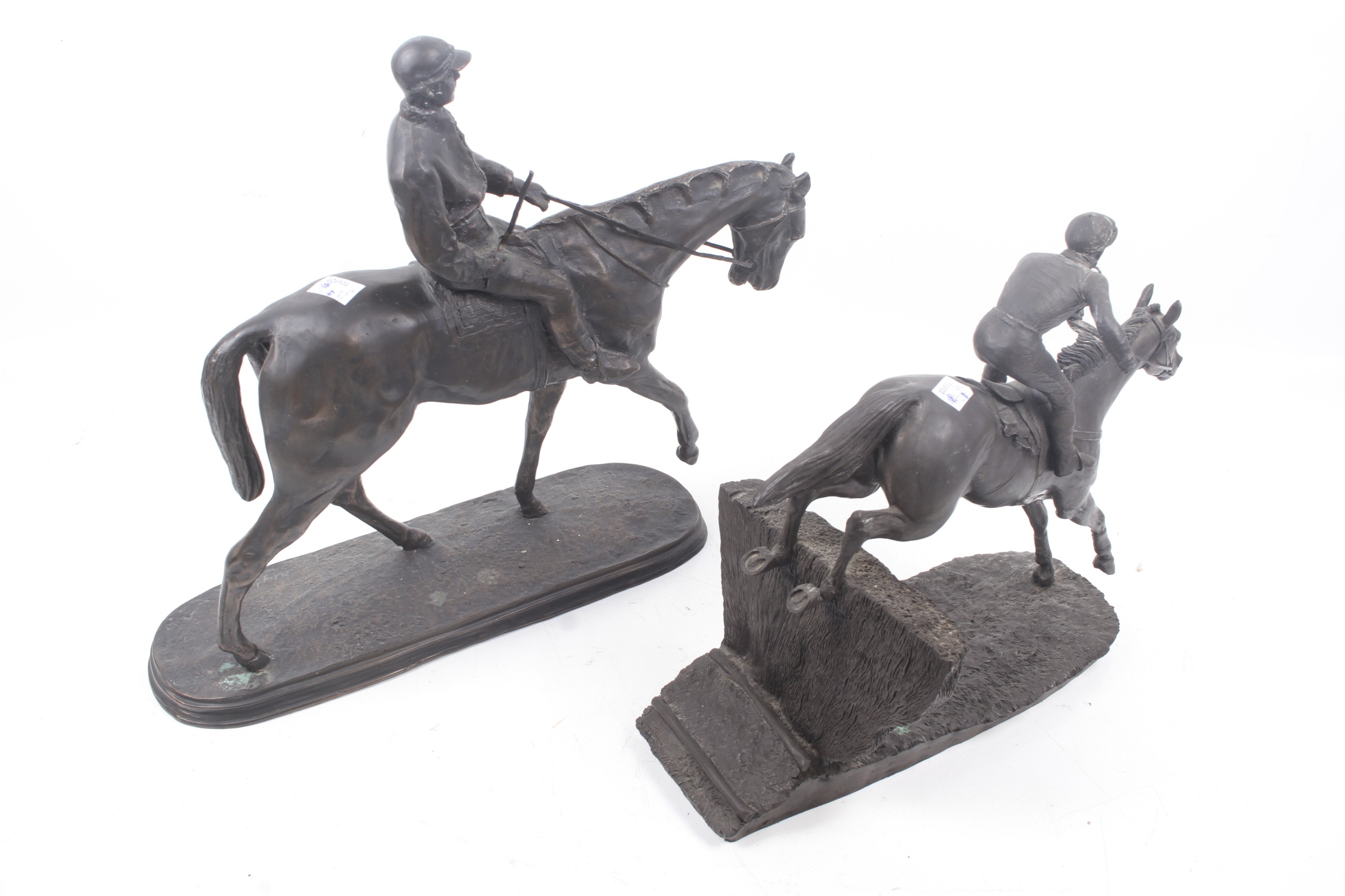 Two coated resin sculptures of horses with riders. Comprising one in stride signed 'O. - Image 2 of 3