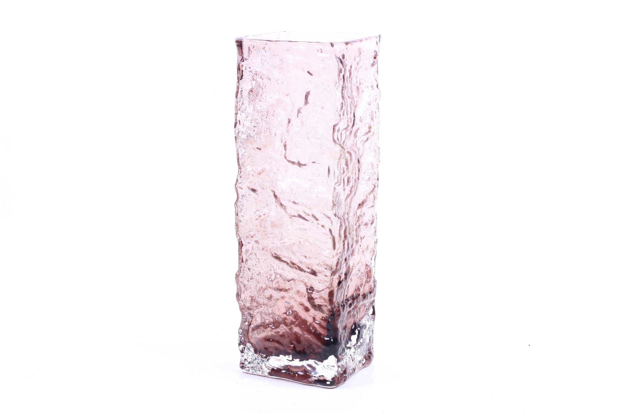 A large Whitefriars style textured glass vase. Square in form, of encased coloured glass.