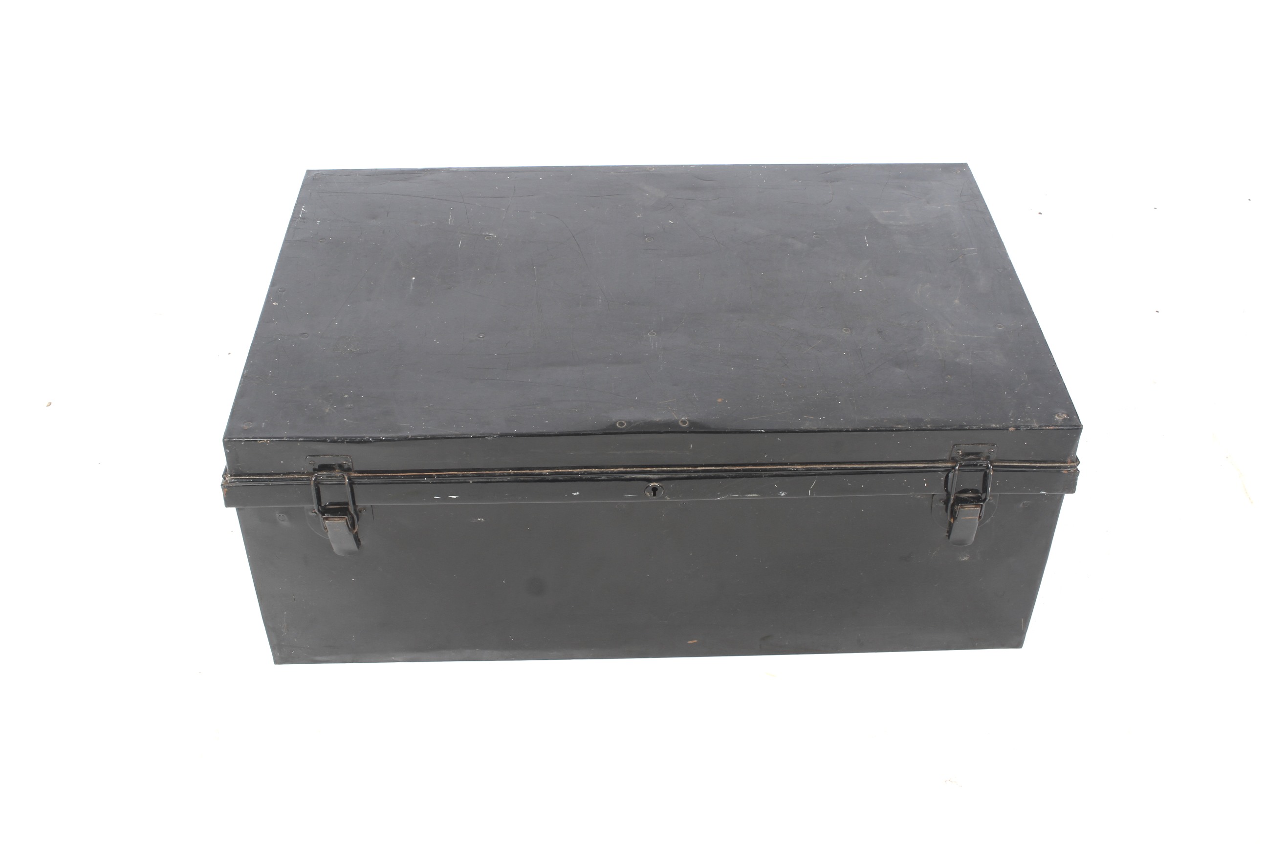 A vintage black enamel tin travelling trunk.