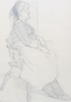 David Woodford (1938-), pencil drawing, 'Woman sat in a smoker's bow chair'.