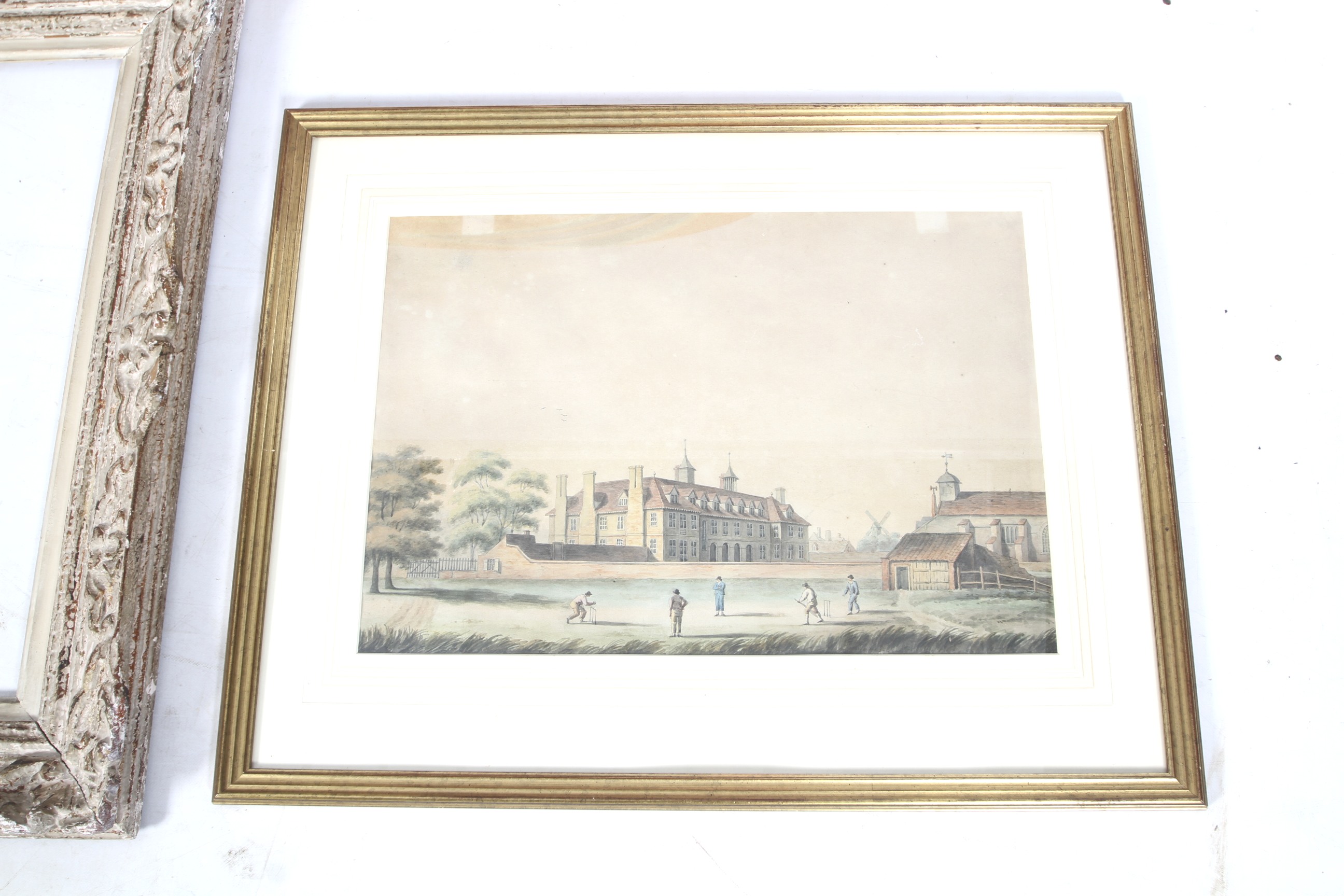 A watercolour, empty frame and an acrylic on canvas. The watercolour depicting a cricket match, 34. - Image 2 of 2