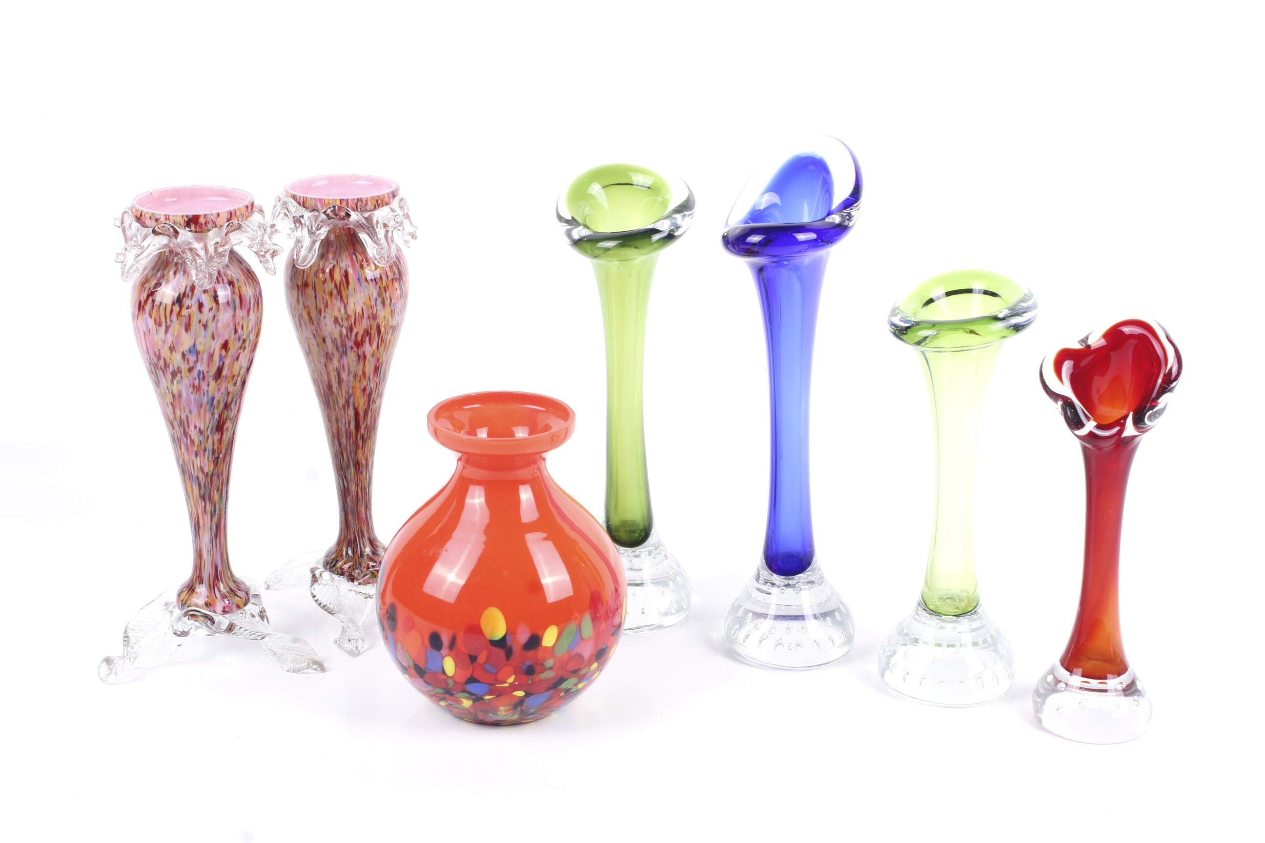 A collection of seven assorted mid-century and later glass vases.