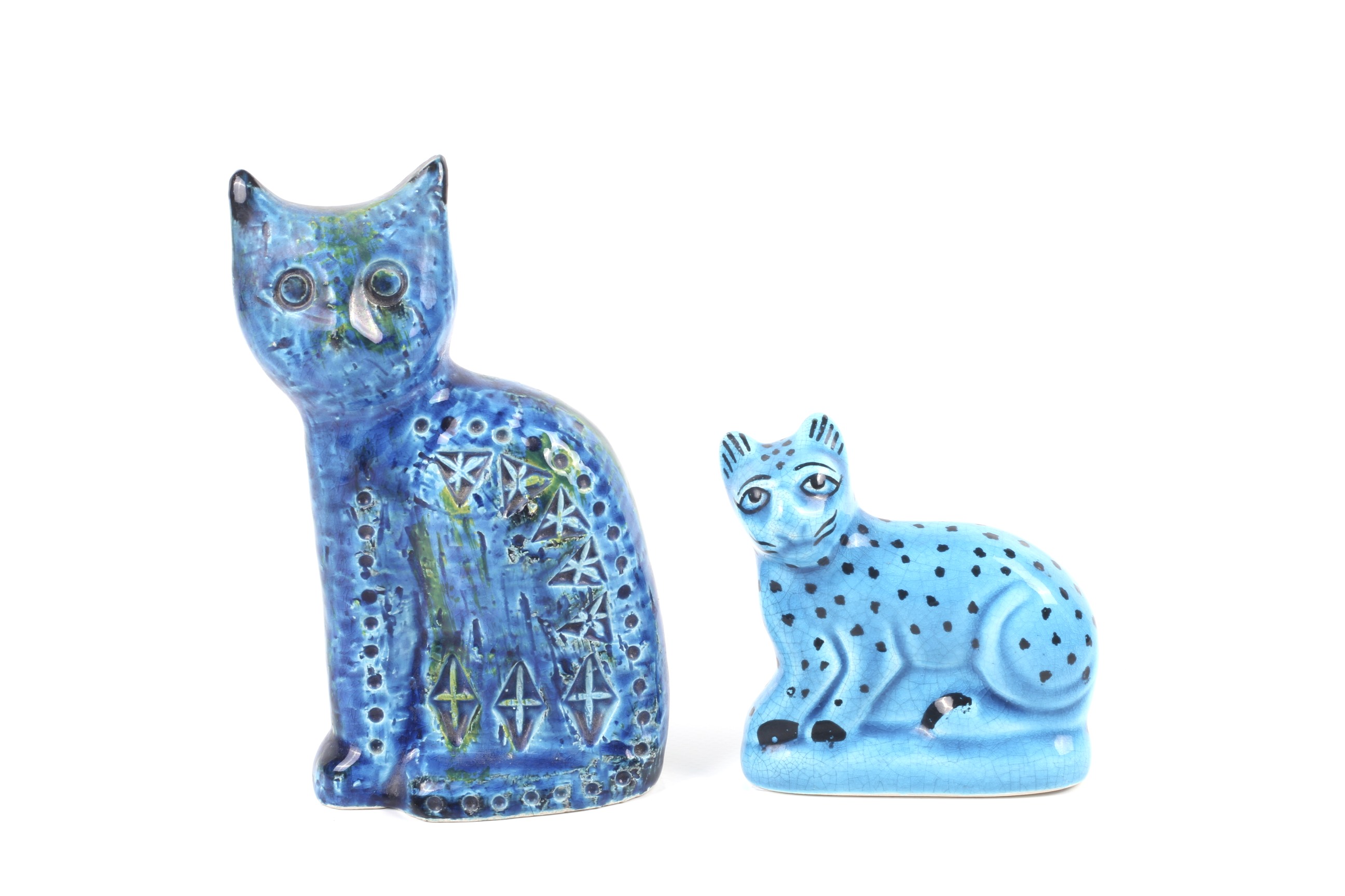 A mid-century Bitossi rimini blue glazed seated cat figure and one other. Max.