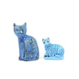 A mid-century Bitossi rimini blue glazed seated cat figure and one other. Max.