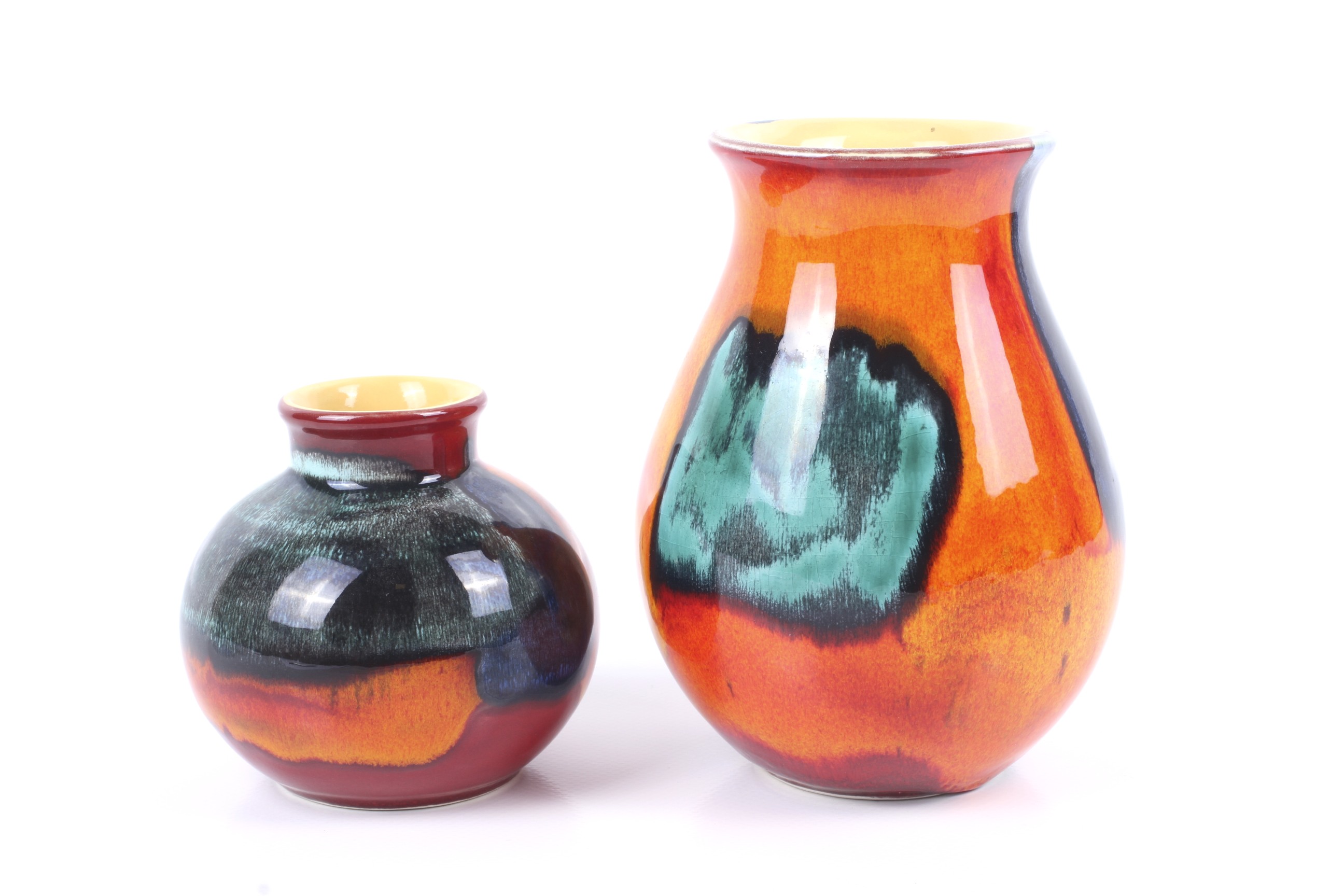 Two modern Poole Pottery 'living glaze' globular vases. Max.
