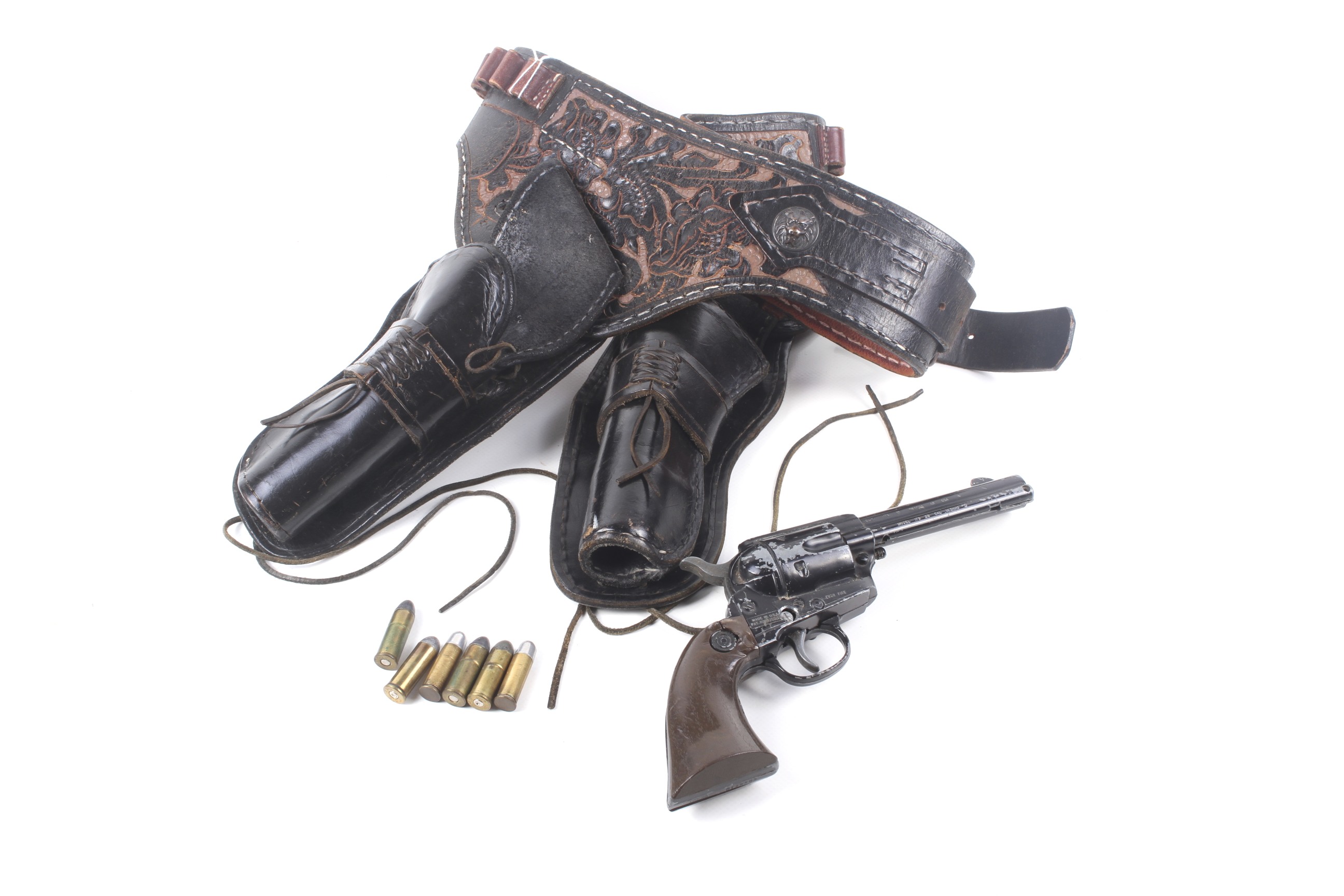 A hand made leather cowboy's 'double' sharp shooter holster belt.