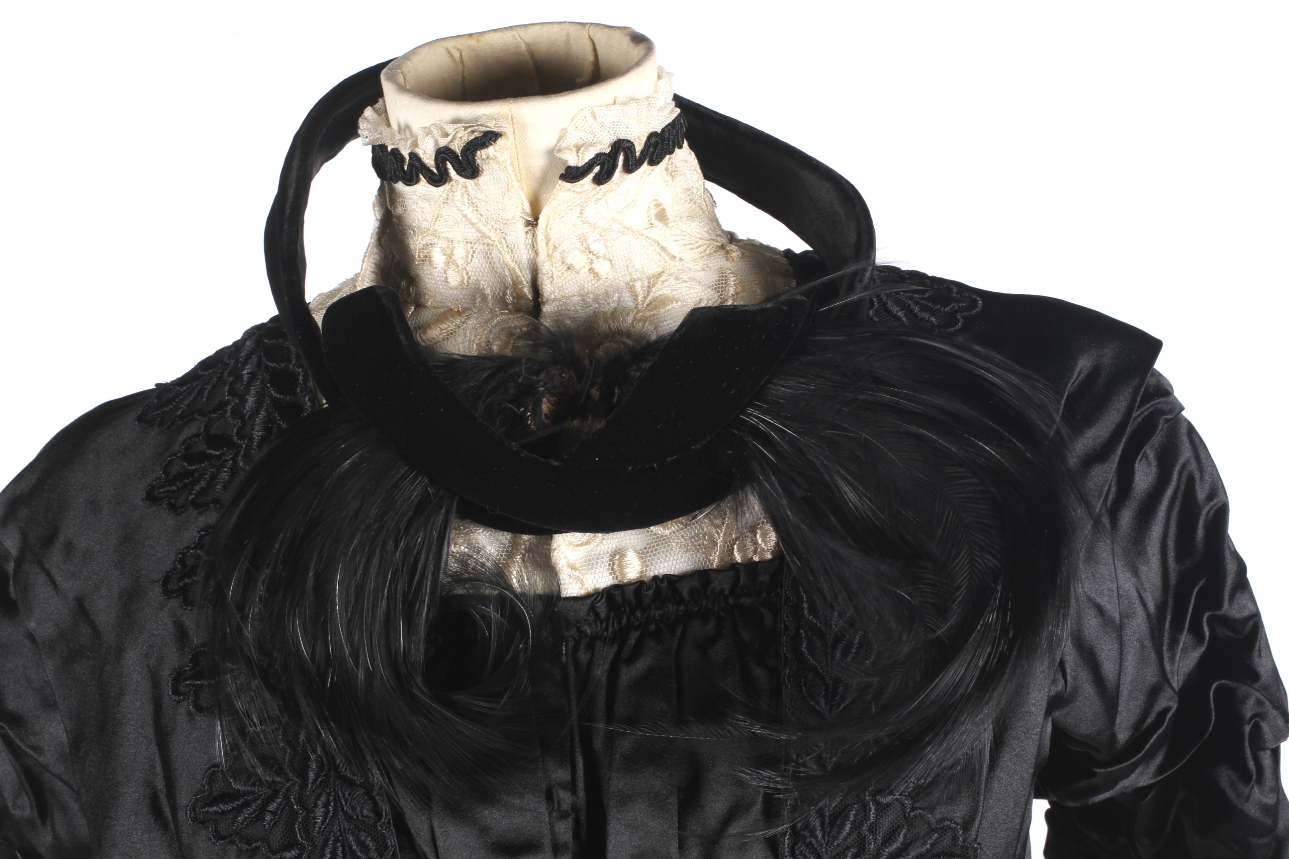 A Victorian style black silk satin dress and an early 20th century headpiece. - Image 3 of 4