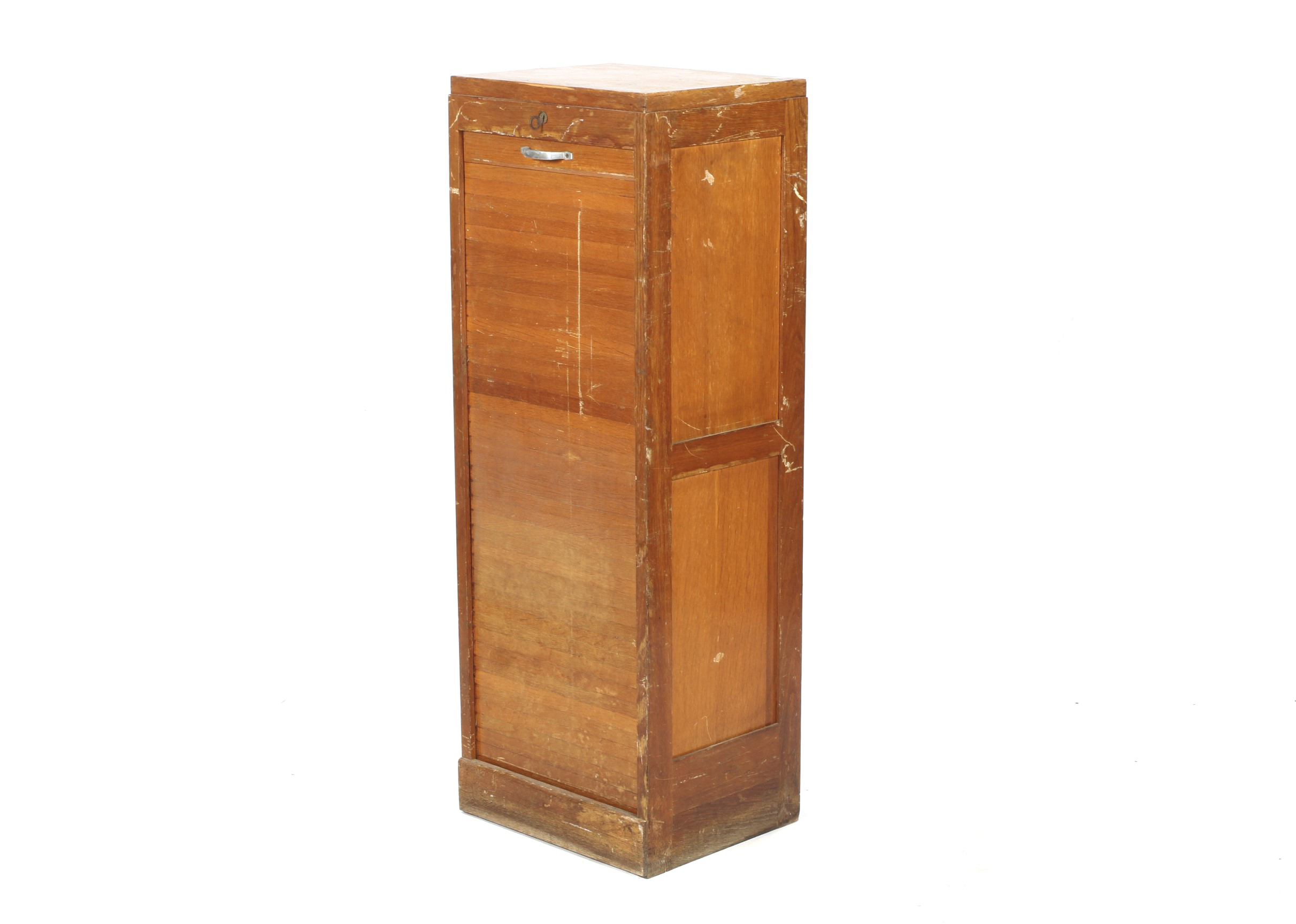 A mid-century teak tambour fronted cabinet.