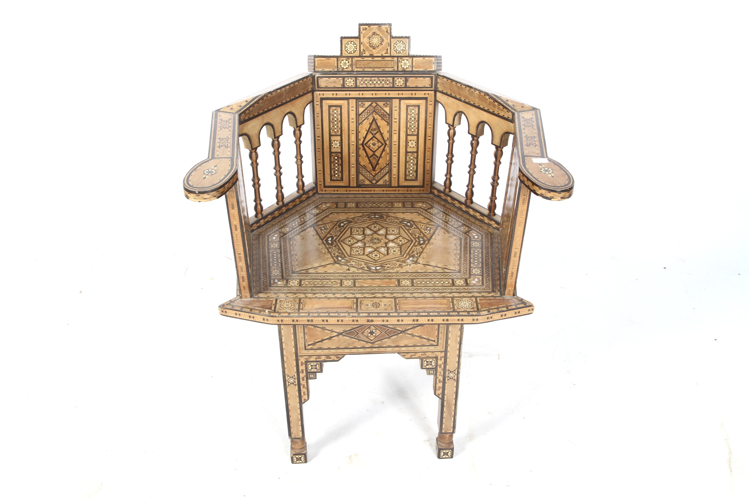 A 20th Century Middle East Damascus parquetry wood chair.