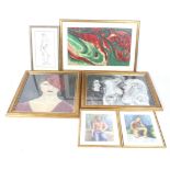 A collection of six assorted contemporary framed pictures.