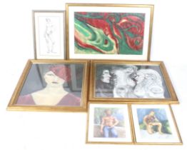 A collection of six assorted contemporary framed pictures.